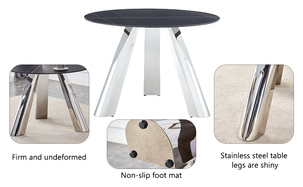 Round modern dining table with black marble top and chrome legs