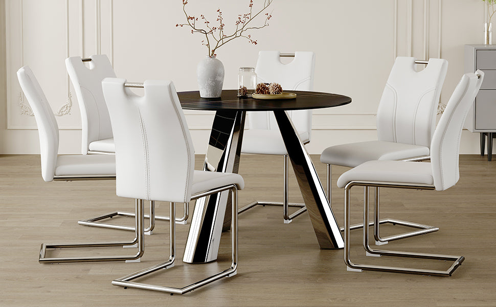 Modern white faux leather dining chairs with chrome legs
