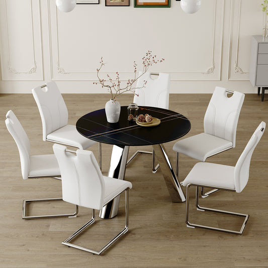 Modern white faux leather dining chairs with chrome sled legs