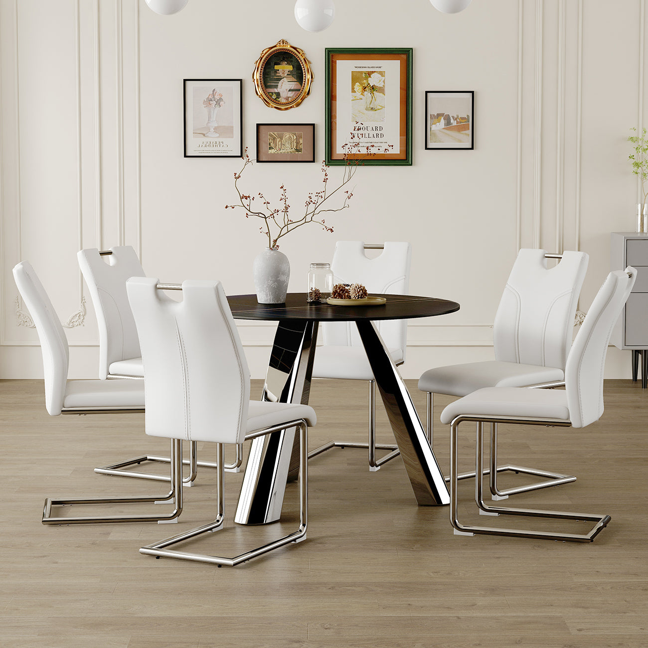 Modern white leather dining chairs with chrome cantilever bases