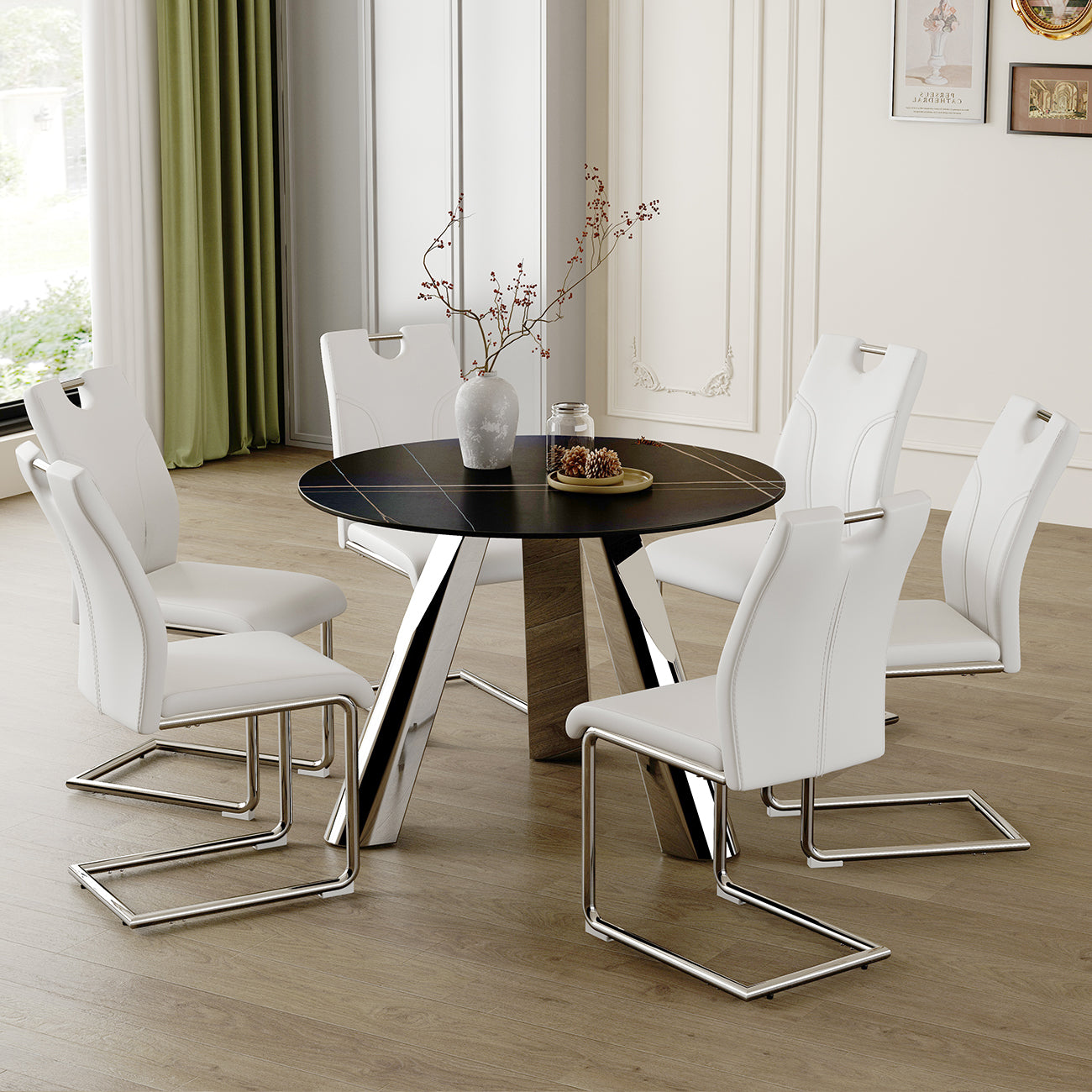 Modern white faux leather dining chair with chrome cantilever base