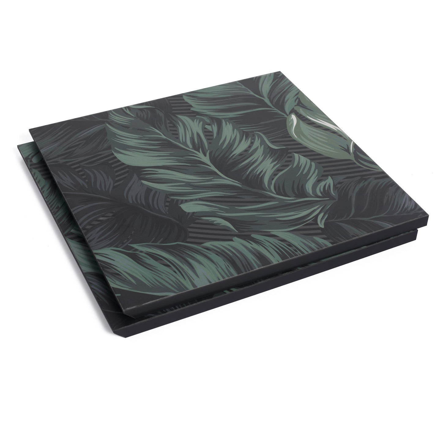 Dark green monstera leaf print gift boxes stacked