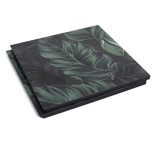Dark green monstera leaf print gift boxes stacked