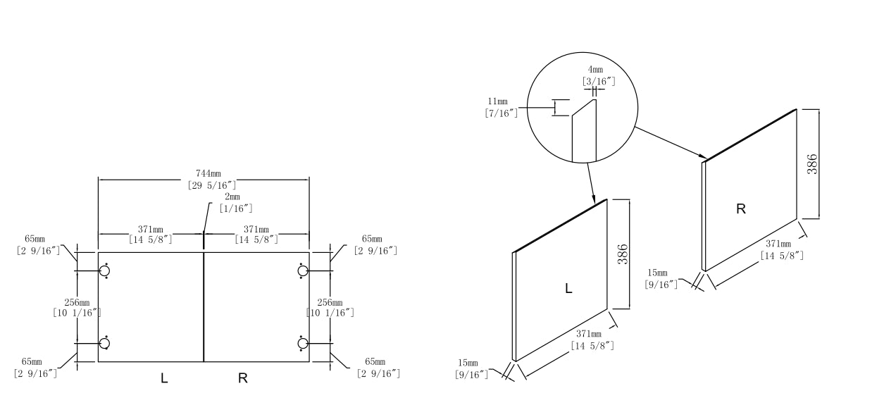 Technical drawing of a left and right panel with dimensions