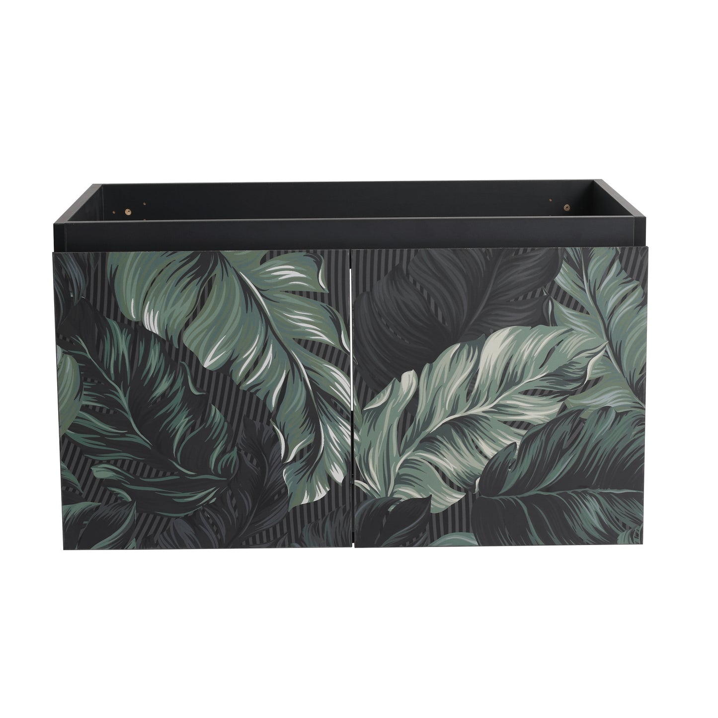 Dark botanical print vanity cabinet with double doors and dark frame