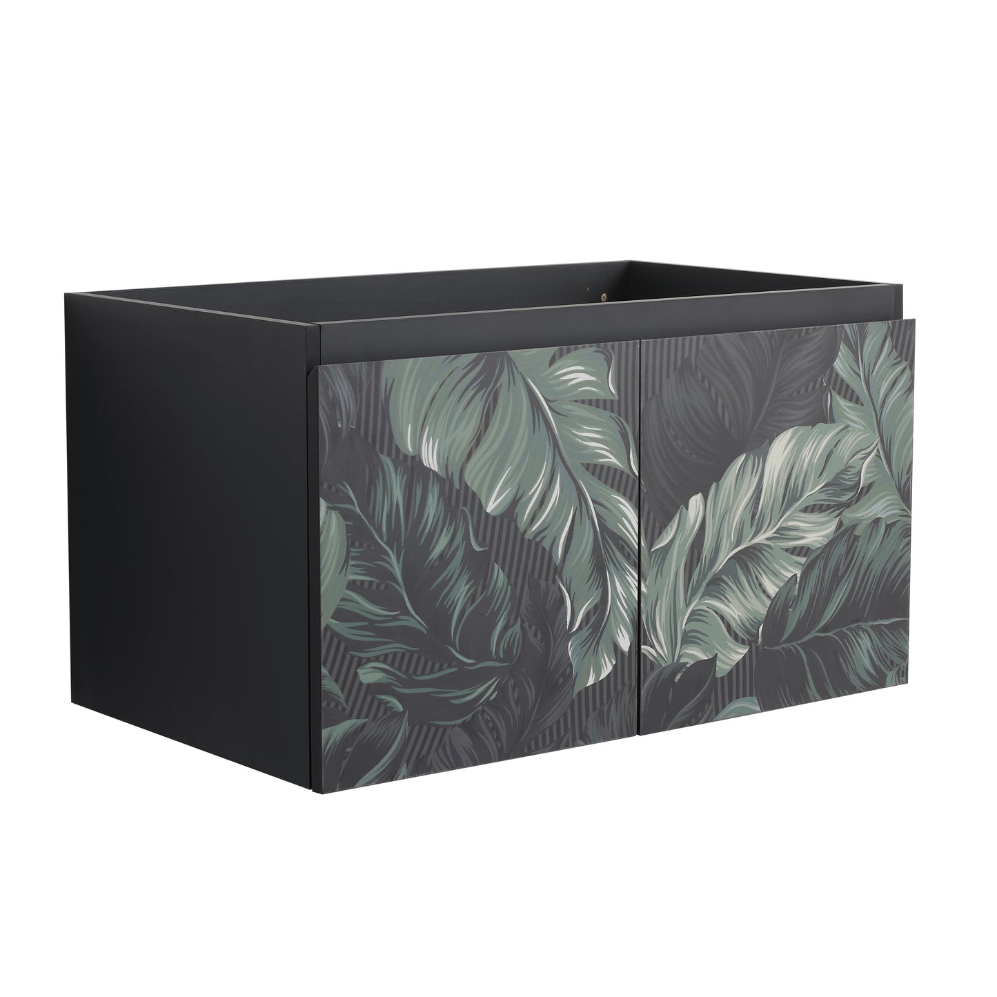 Black vanity cabinet with tropical leaf motif doors