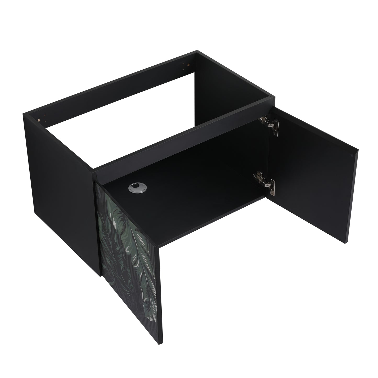 Black vanity cabinet with tropical leaf design on door