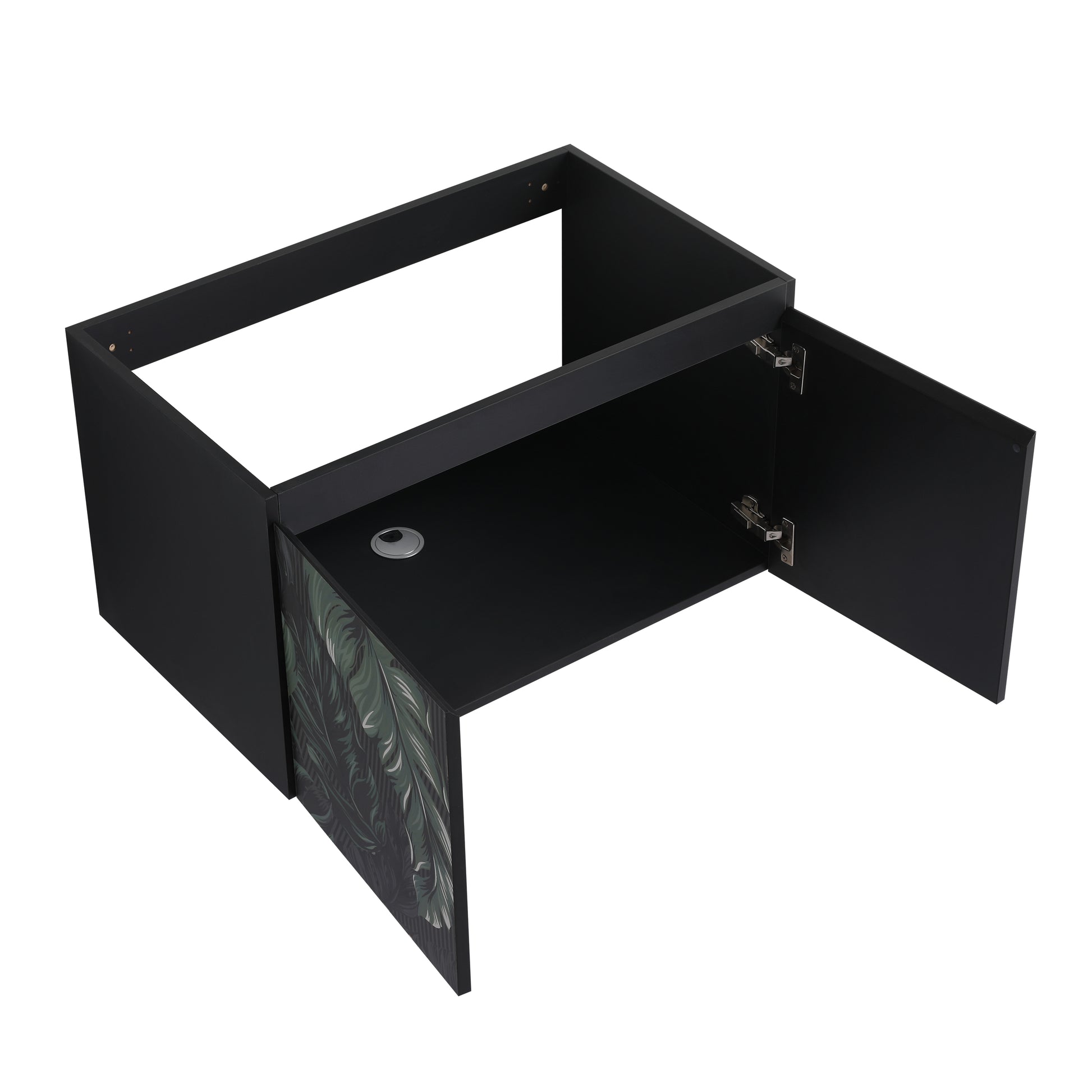Black vanity cabinet with tropical leaf design on door
