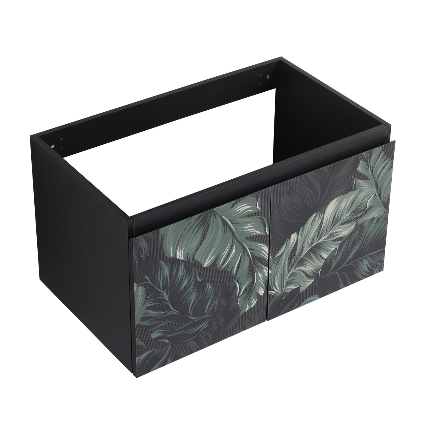Dark grey bathroom vanity with tropical leaf pattern