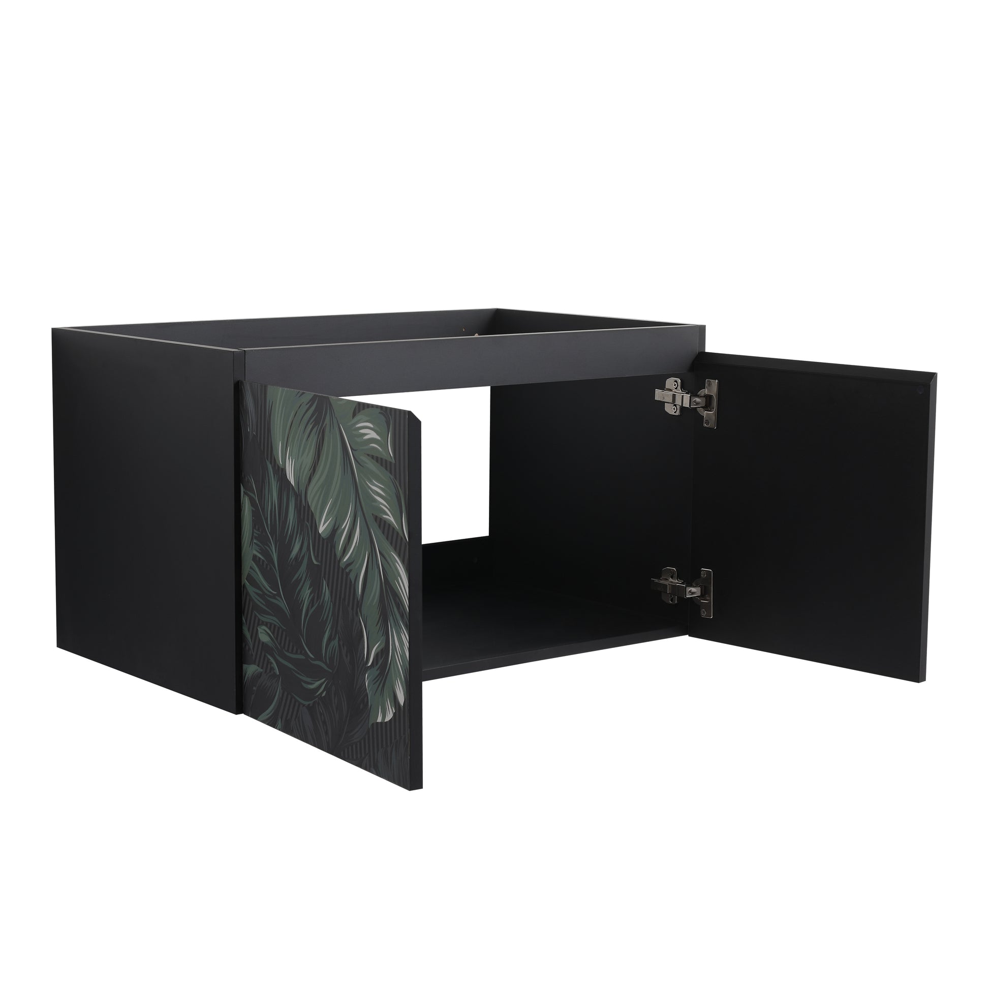 Black modern cabinet with botanical leaf motif on one door and open doors