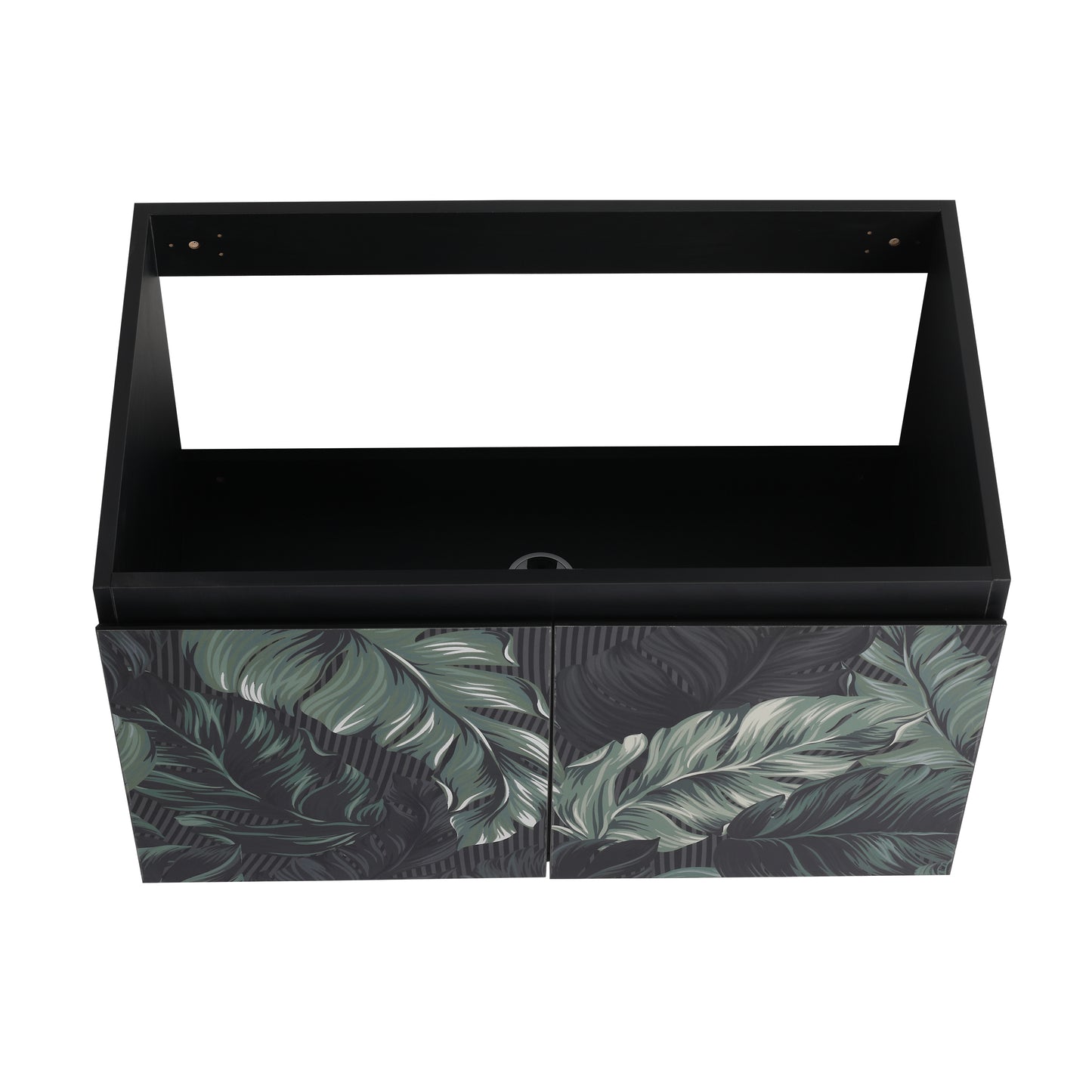 Black wallmounted vanity cabinet with tropical leaf pattern on doors