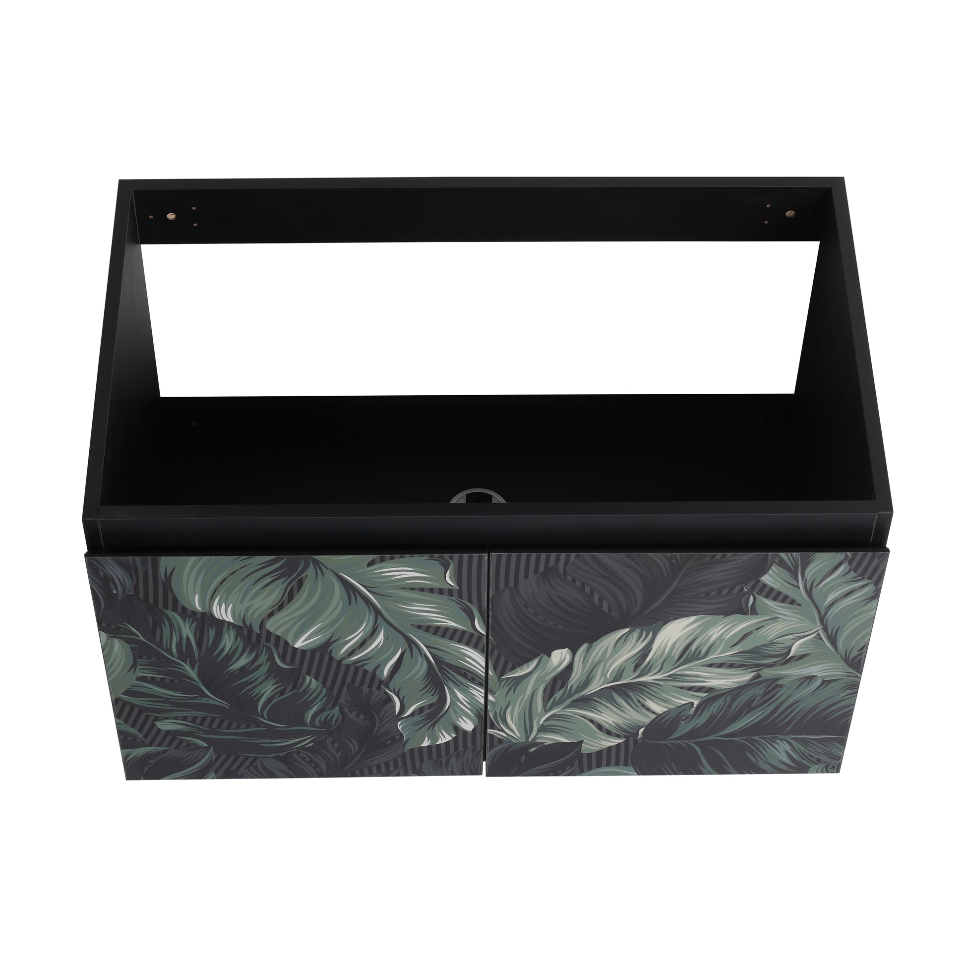Black wallmounted vanity cabinet with tropical leaf pattern on doors