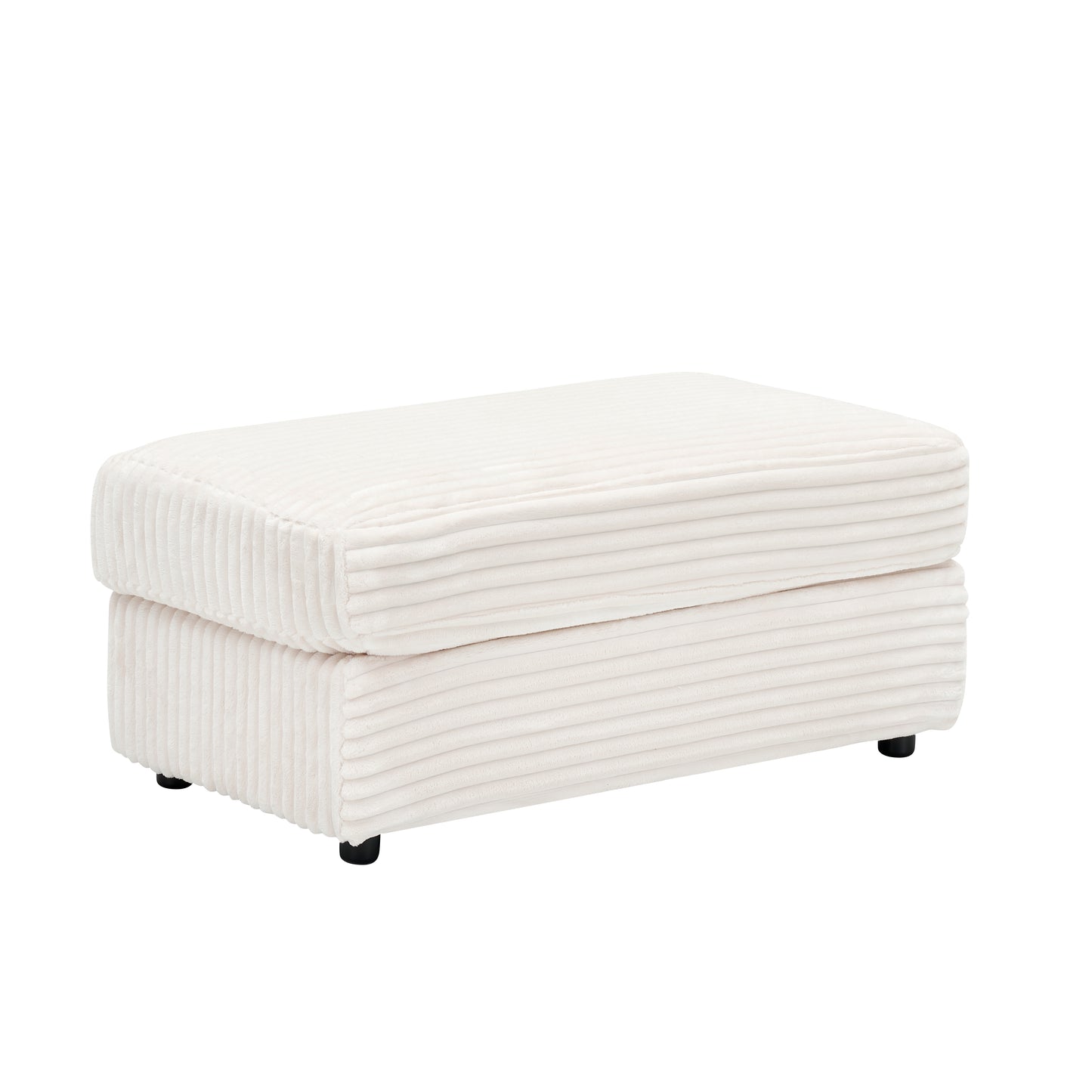 Plush cream corduroy ottoman with modern low profile black legs for comfortable footrest