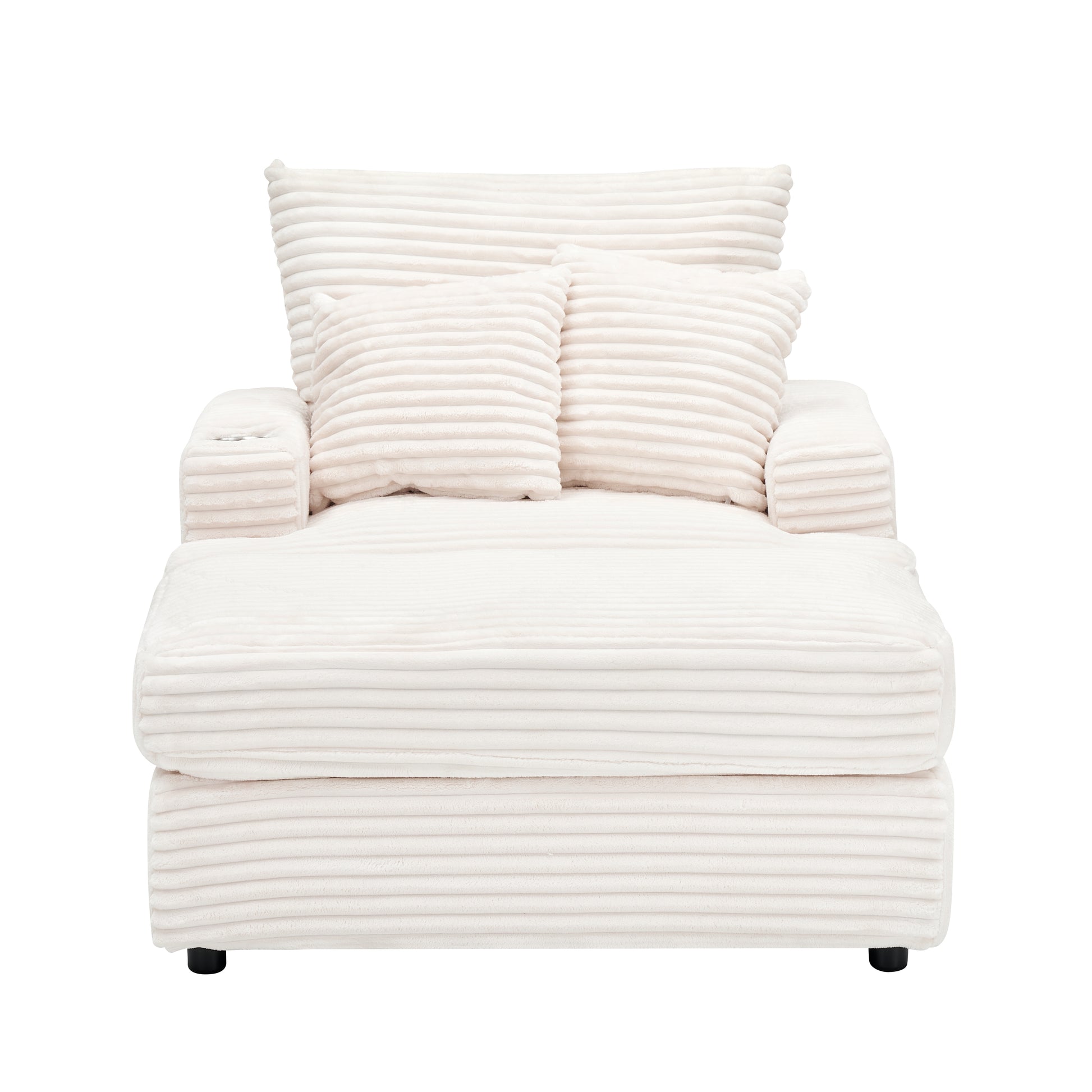 Cream corduroy armchair with two plush throw pillows