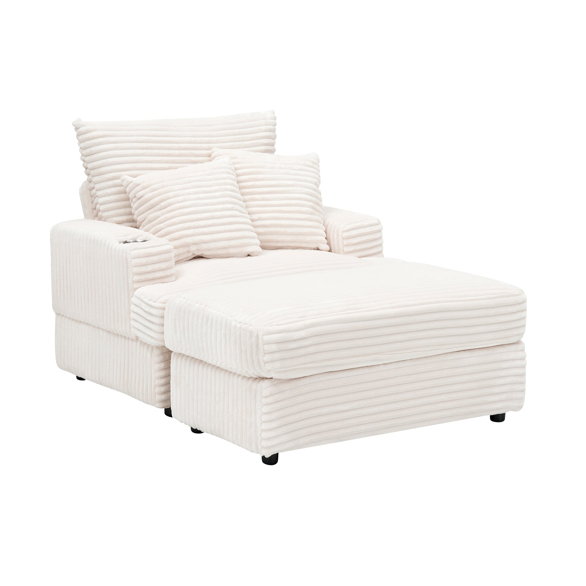 Cream corduroy chaise lounge with two plush pillows and cup holder
