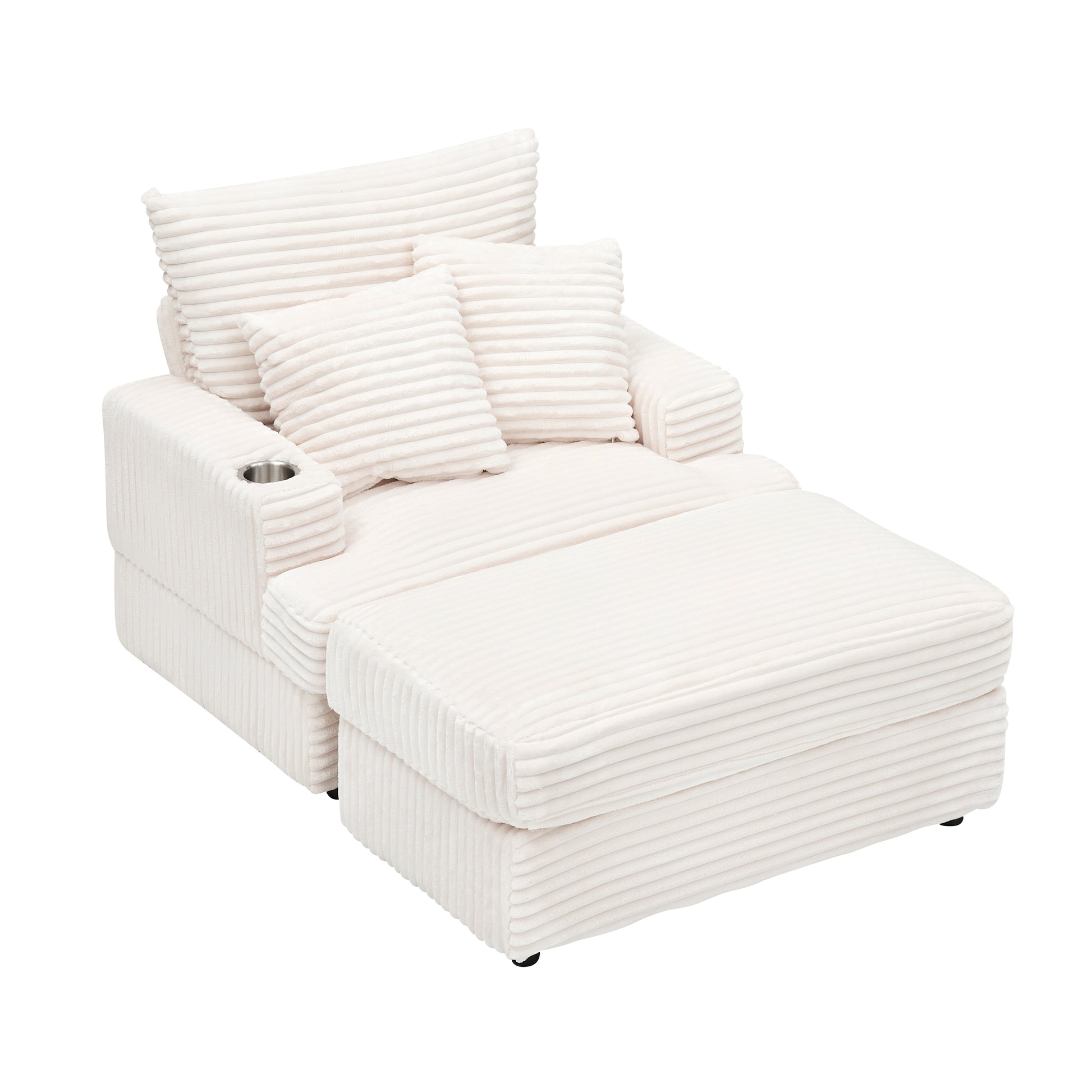 Cream corduroy lounge chair with ottoman and cup holder
