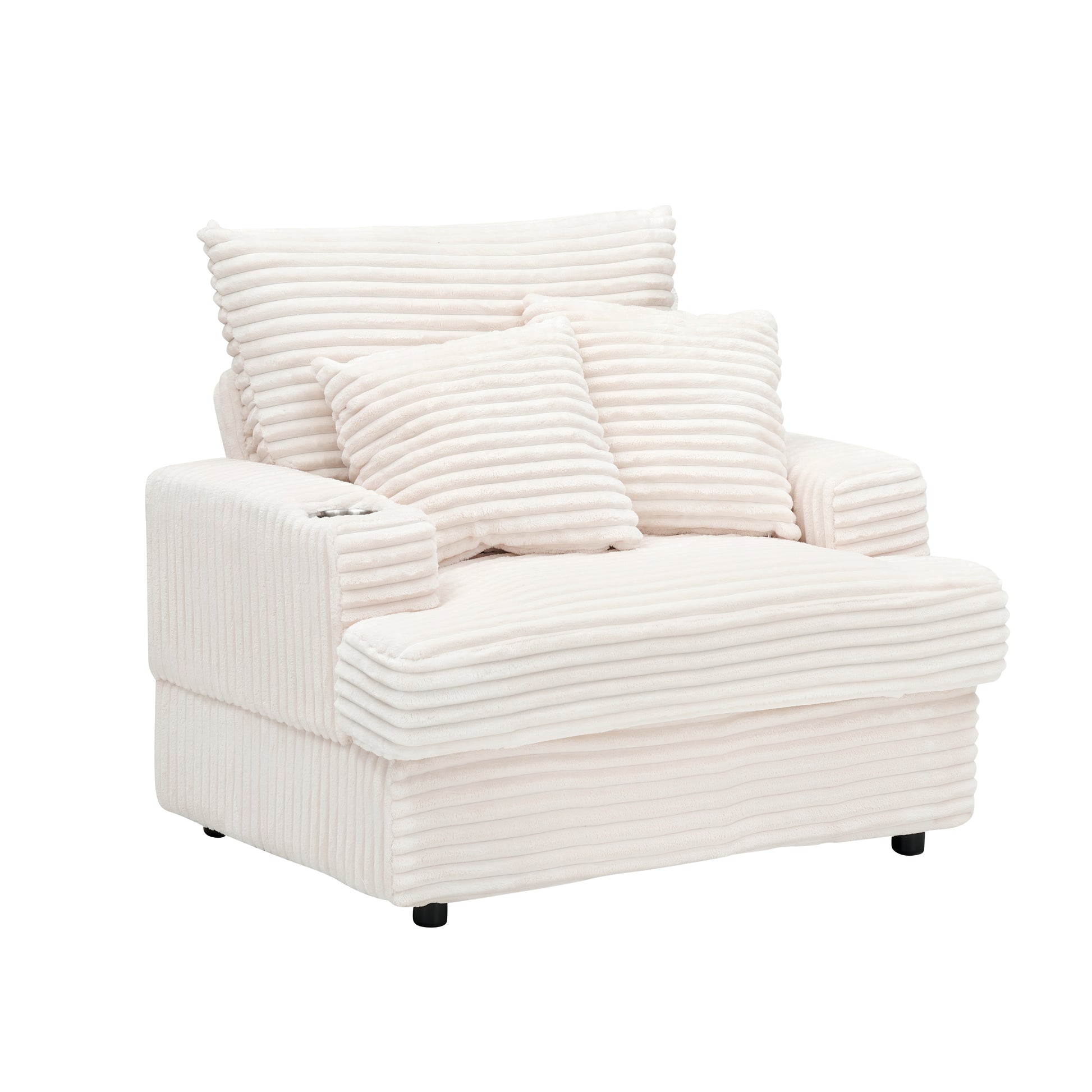 Cream corduroy accent chair with plush pillows and cup holder