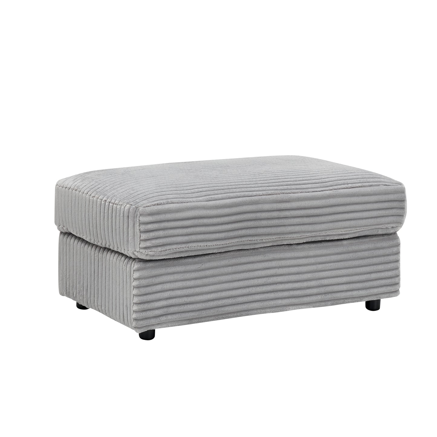 Gray corduroy ottoman with clean lines and black legs
