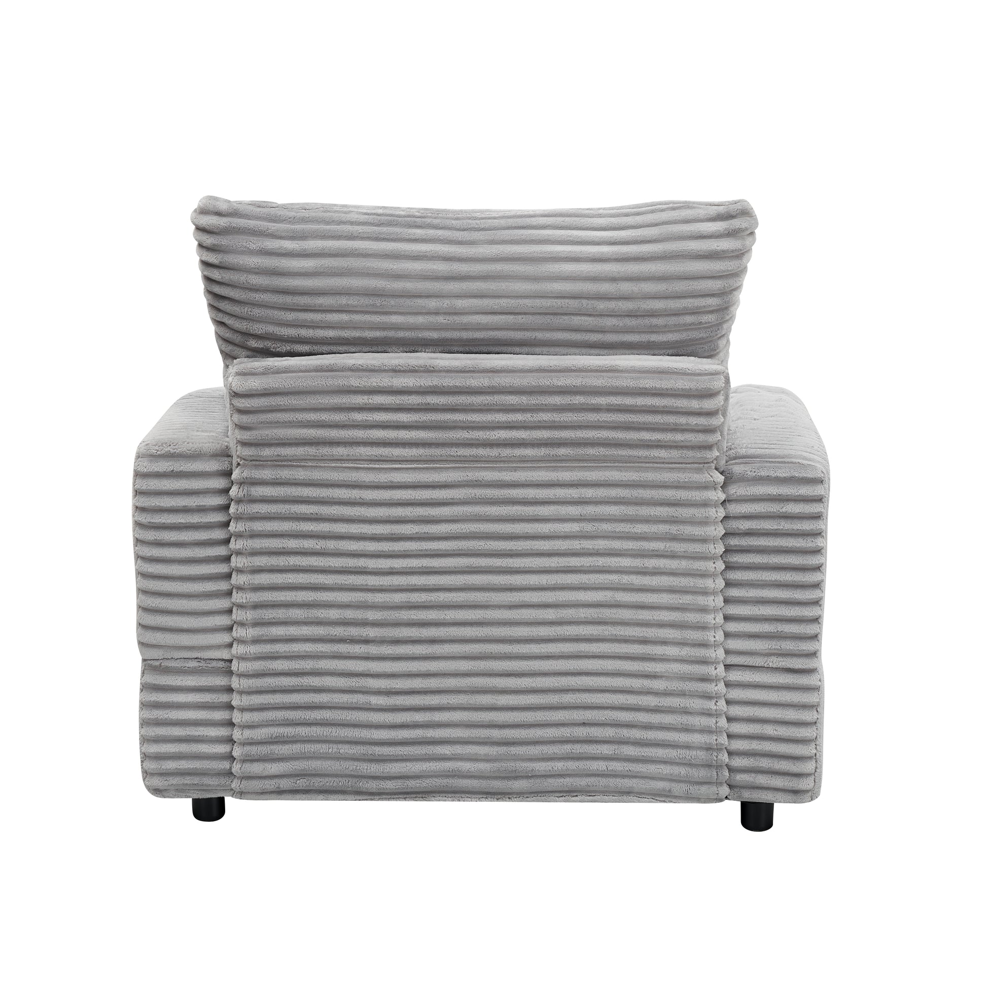 Gray corduroy armchair with plush pillow
