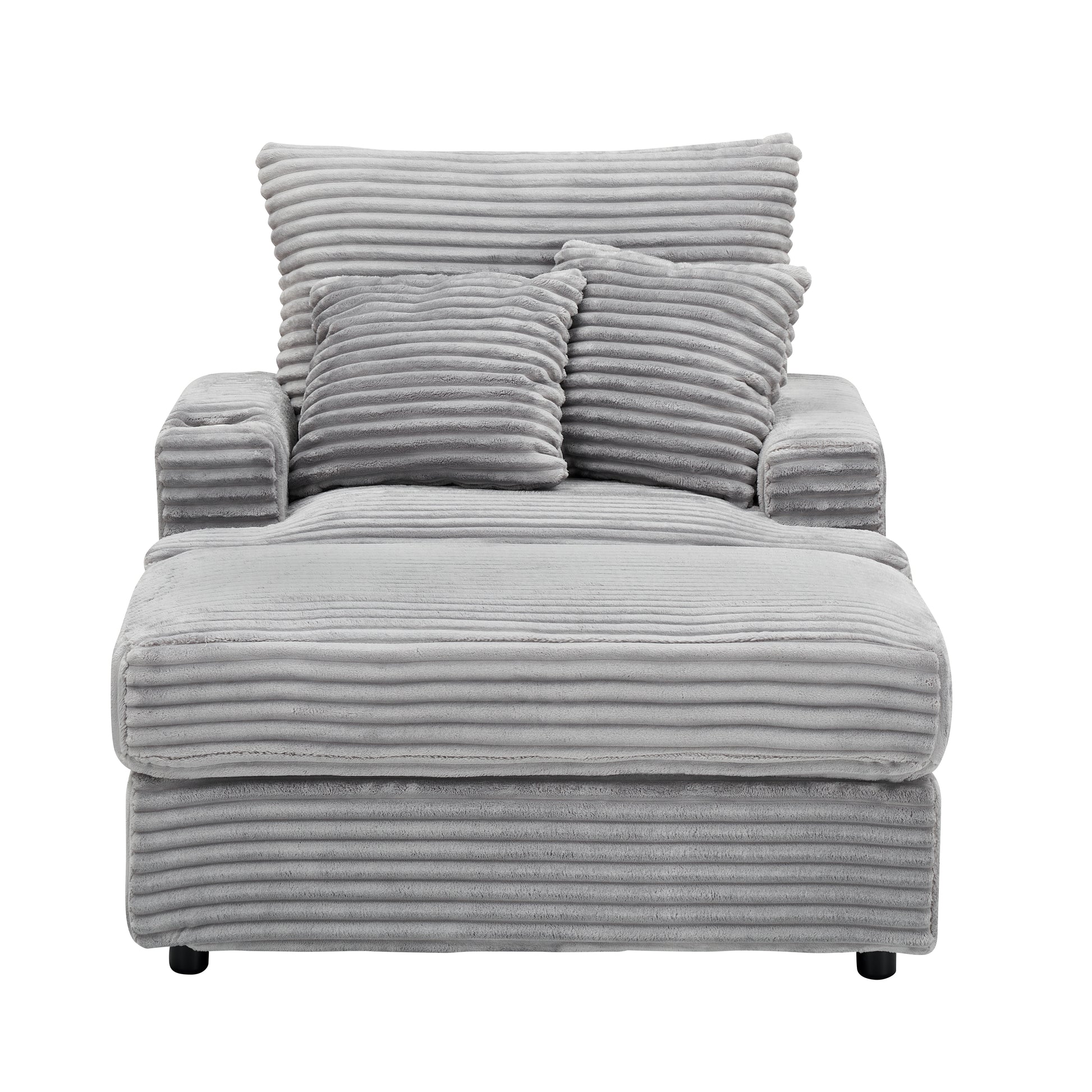 Plush gray corduroy armchair with two matching throw pillows for cozy lounging