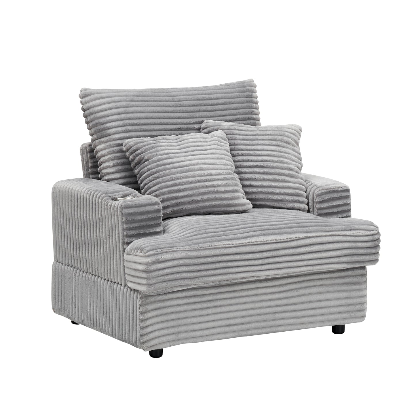 Plush corduroy accent chair in light grey with matching throw pillows