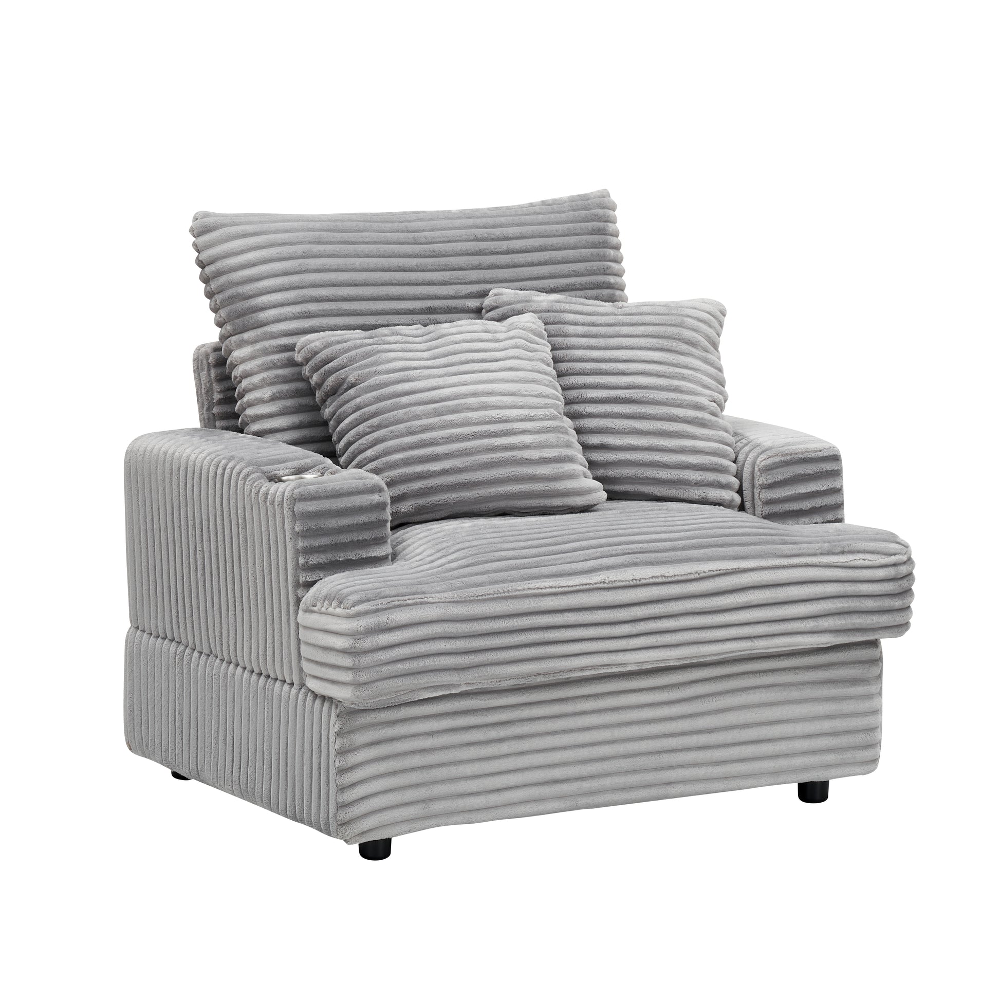 Plush corduroy accent chair in light grey with matching throw pillows