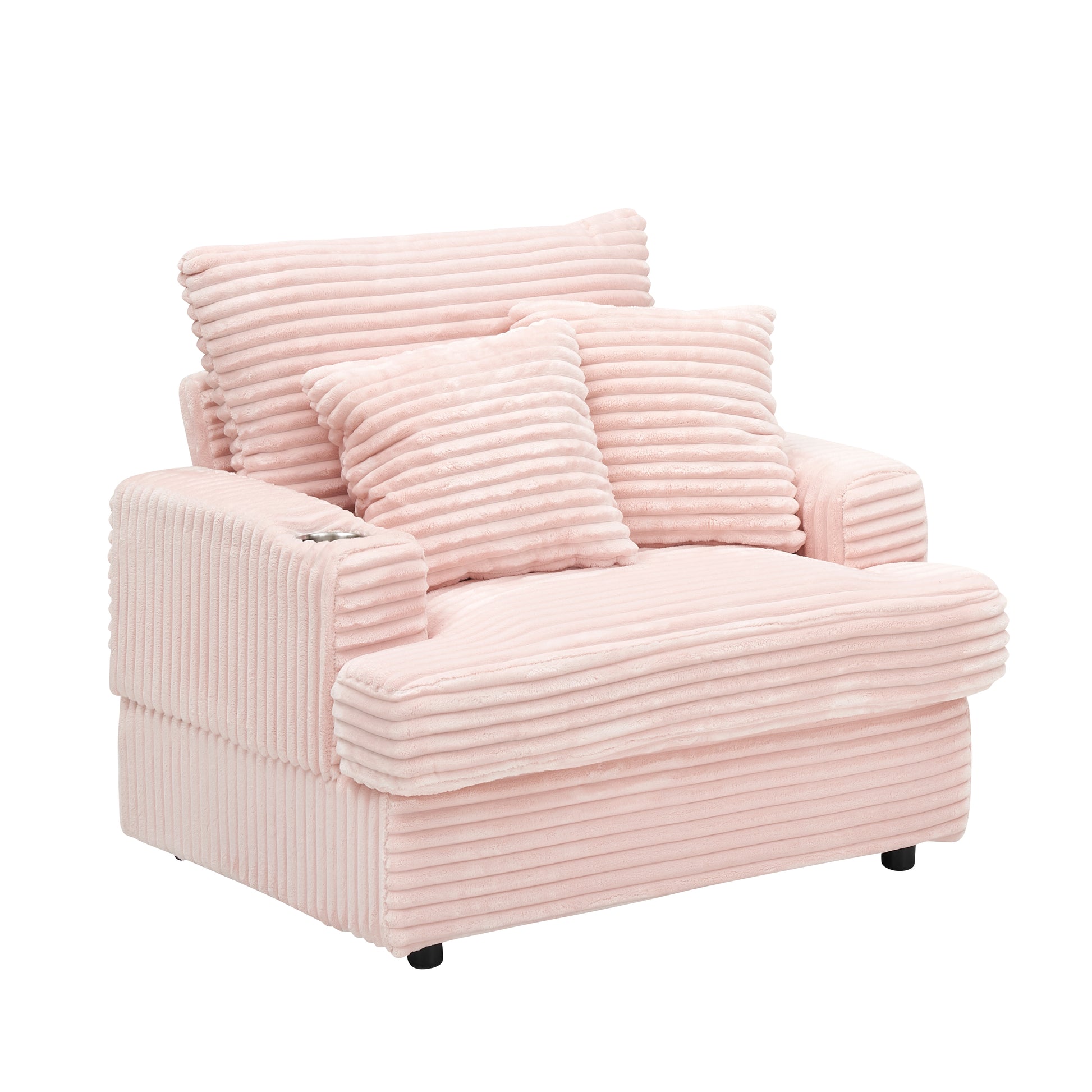 Plush pink corduroy accent chair with two bolster pillows