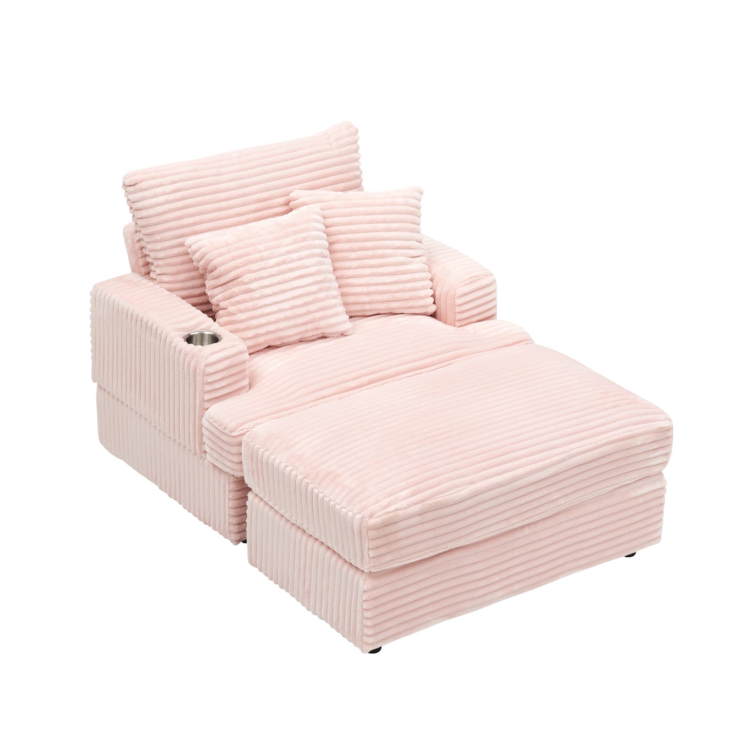 Plush pink corduroy accent chair with ottoman and two accent pillows