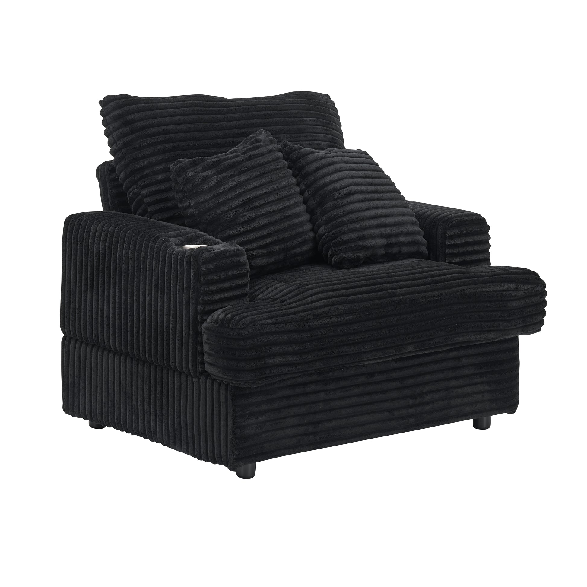 Plush black corduroy accent chair with two matching throw pillows for ultimate comfort