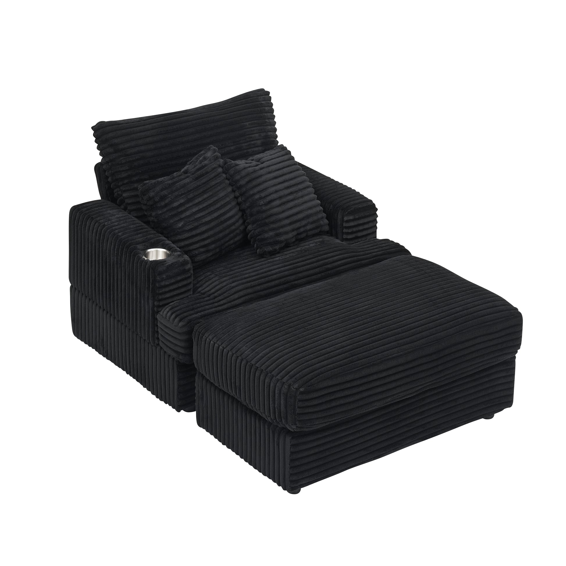Black corduroy accent chair with ottoman and cup holder