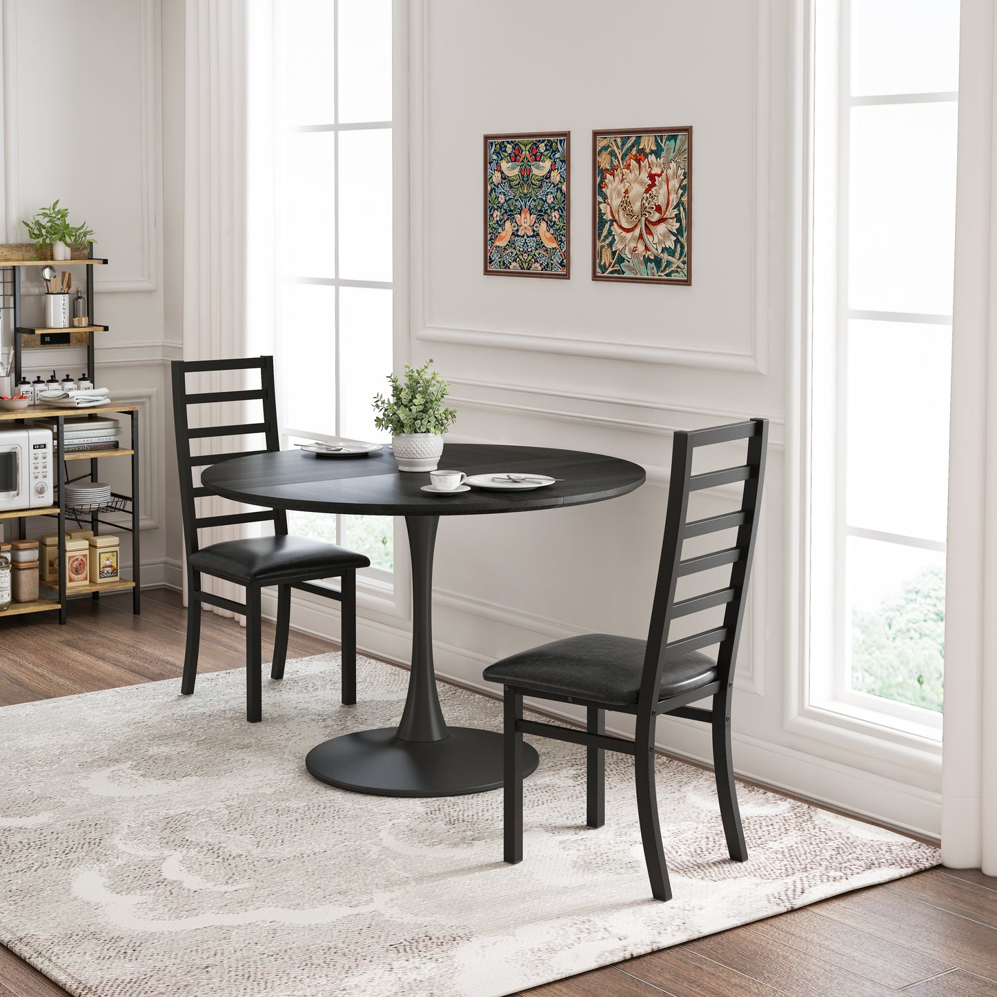 Black modern dining chair with upholstered seat and slatted back
