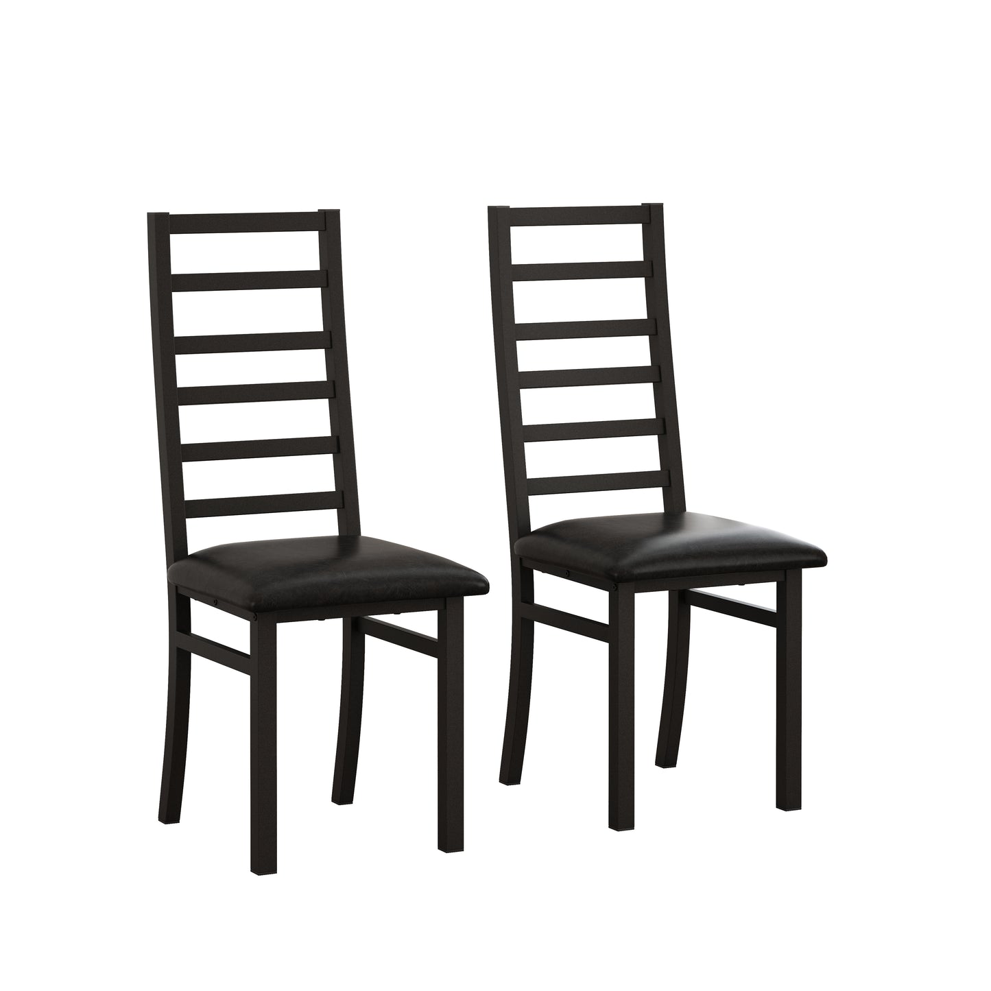 Pair of modern black faux leather dining chairs with slatted wood backs