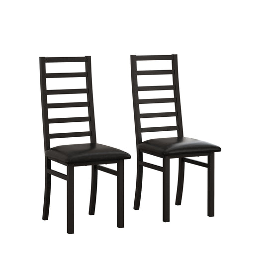 Pair of modern black faux leather dining chairs with slatted wood backs