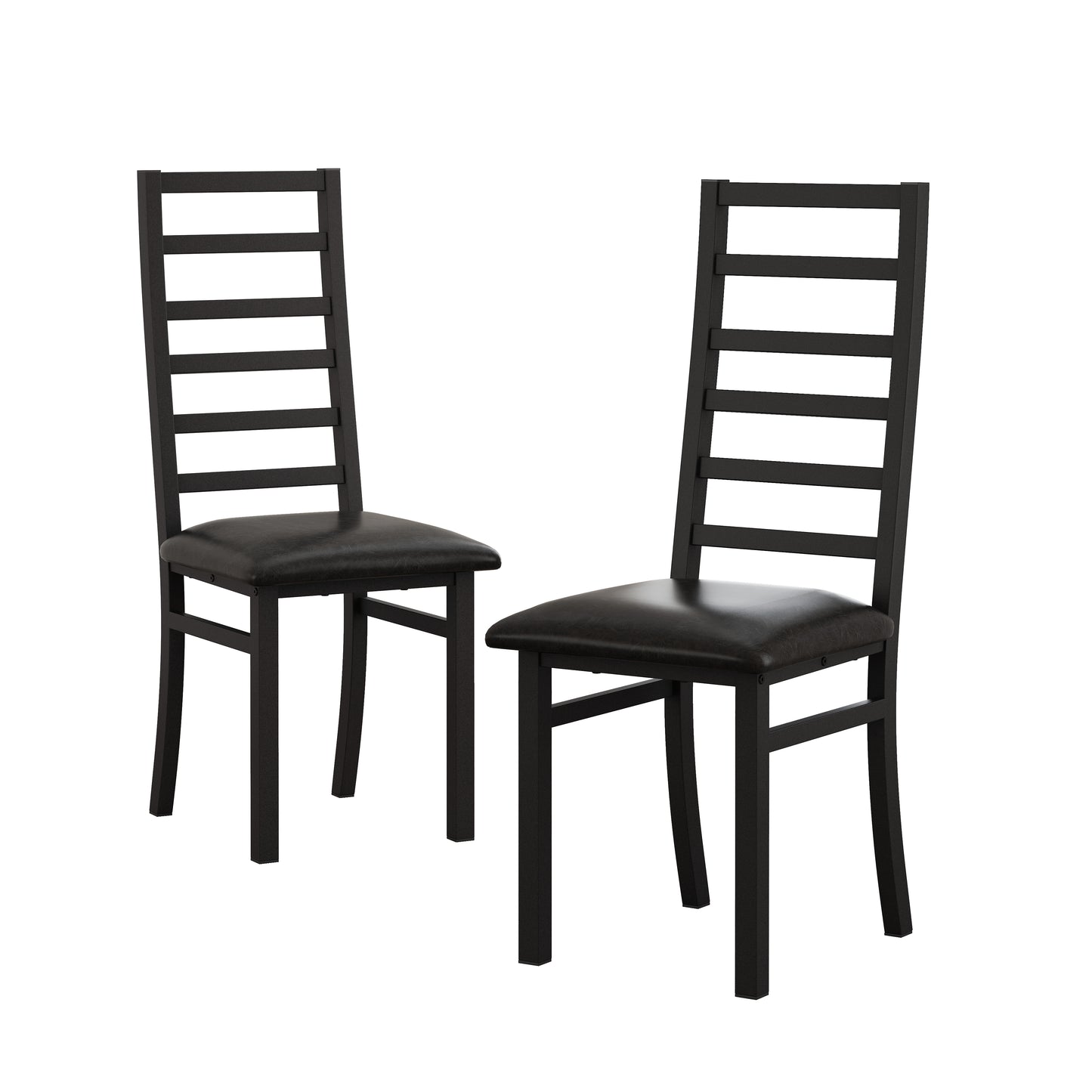 Two black ladder back dining chairs with dark upholstered seats