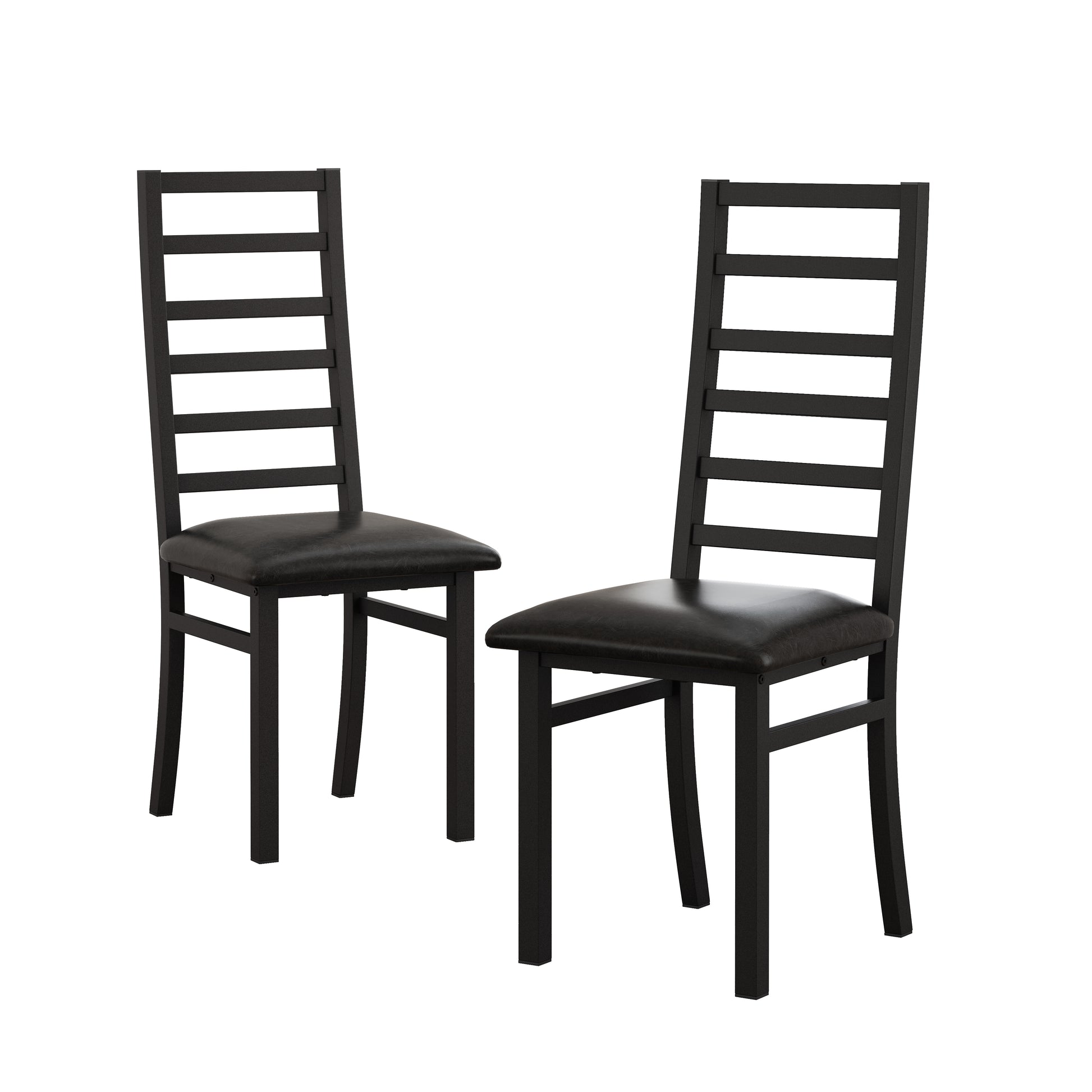 Two black ladder back dining chairs with dark upholstered seats