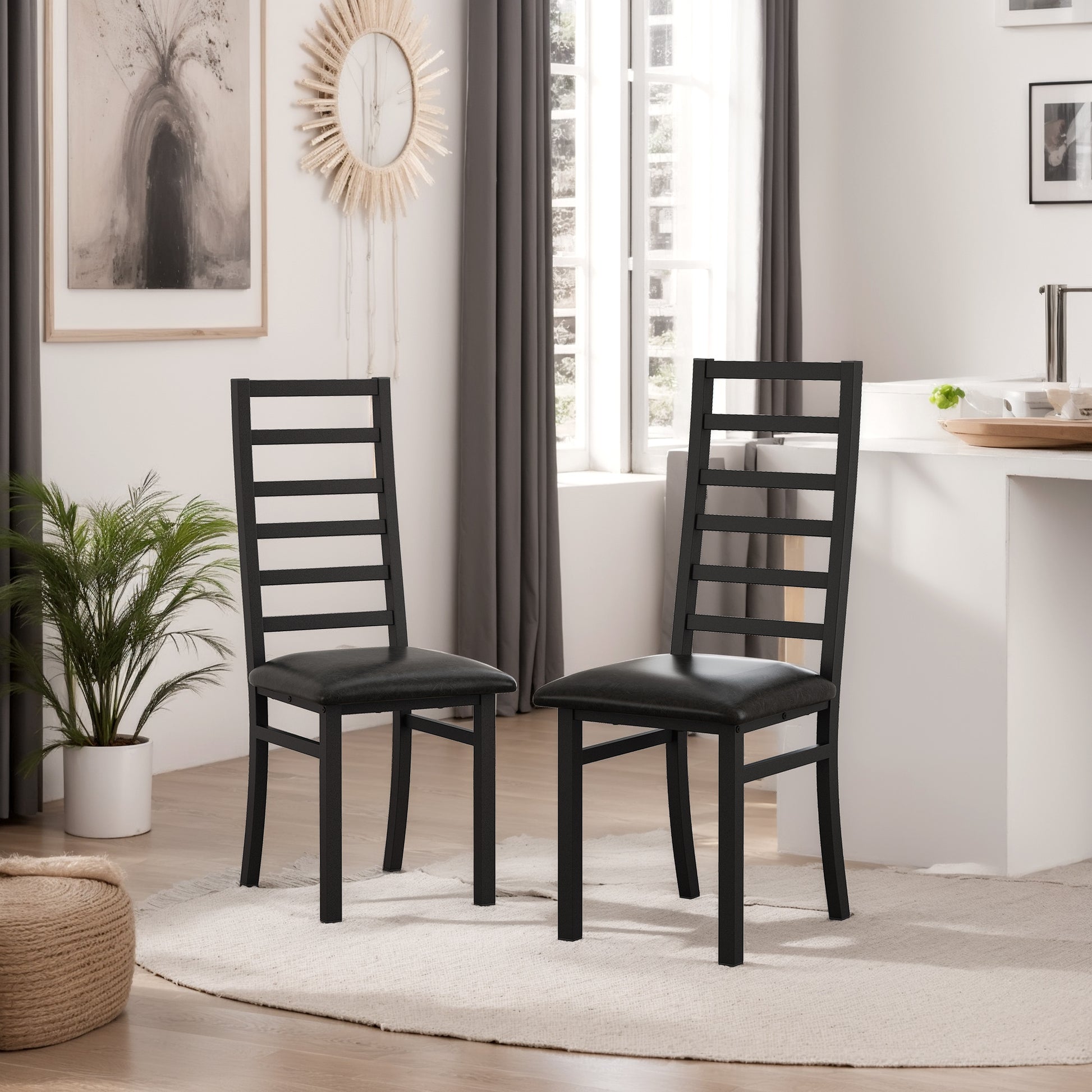 Black ladder back dining chair with padded seat