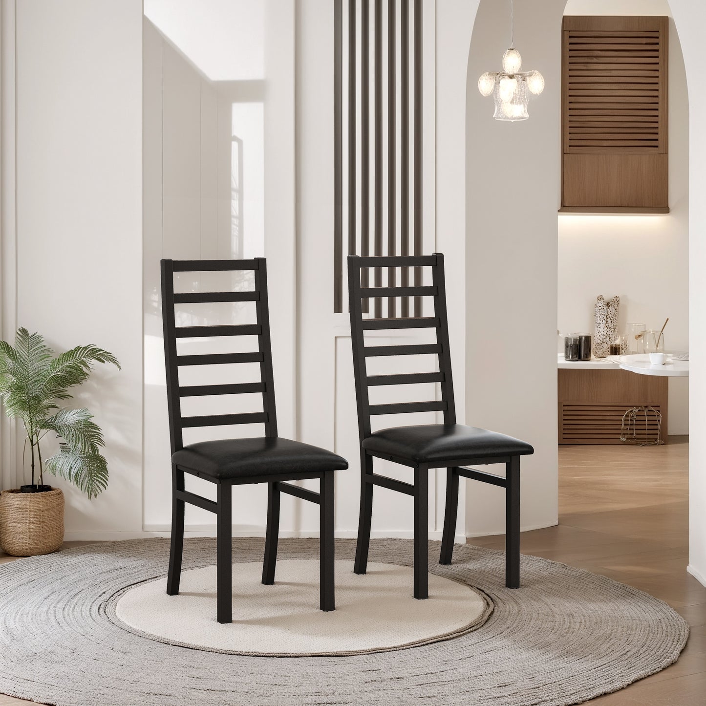 Black upholstered dining chair with slatted back