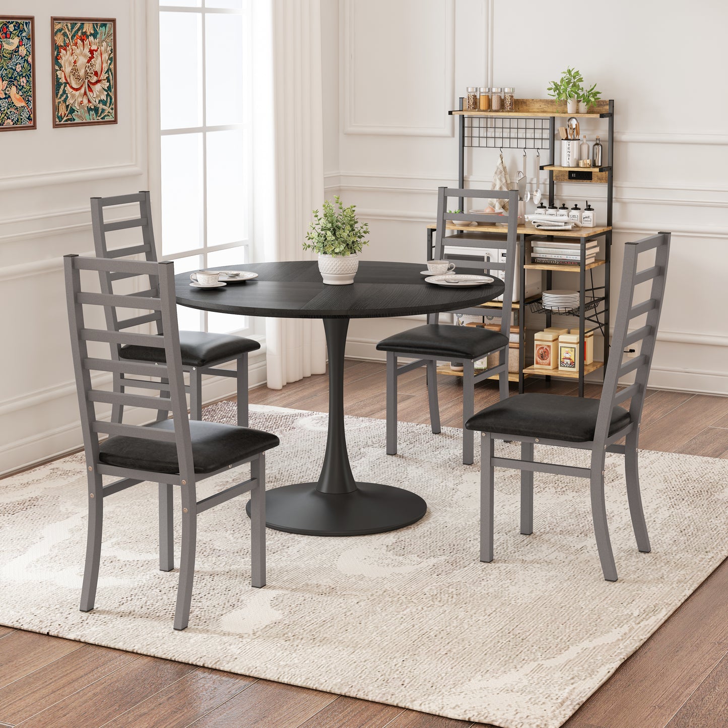 Dark grey tulip base dining table with black faux leather chairs