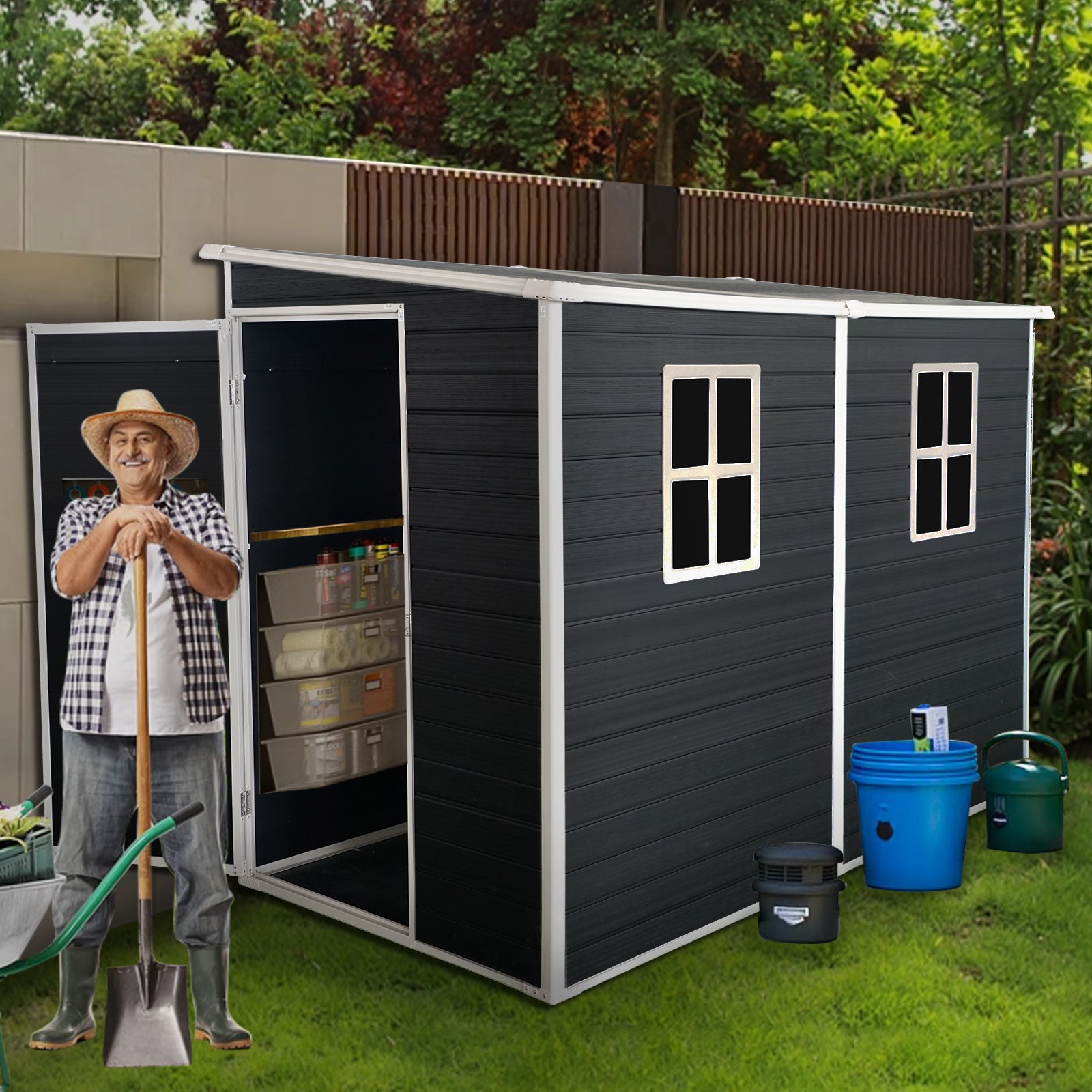 Dark gray garden shed with two windows and storage shelves