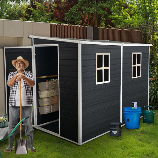 Dark gray garden shed with two windows and storage shelves