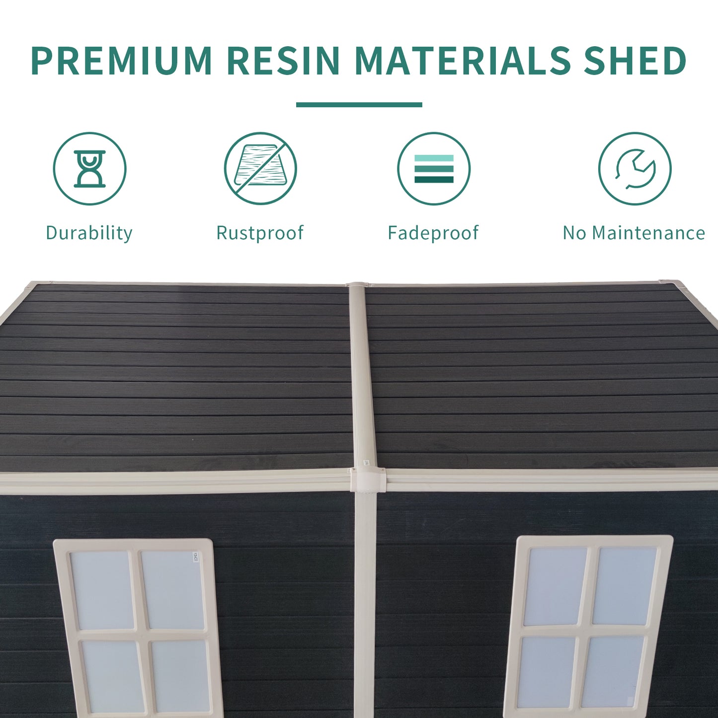 Dark grey resin shed with white trim and window frames