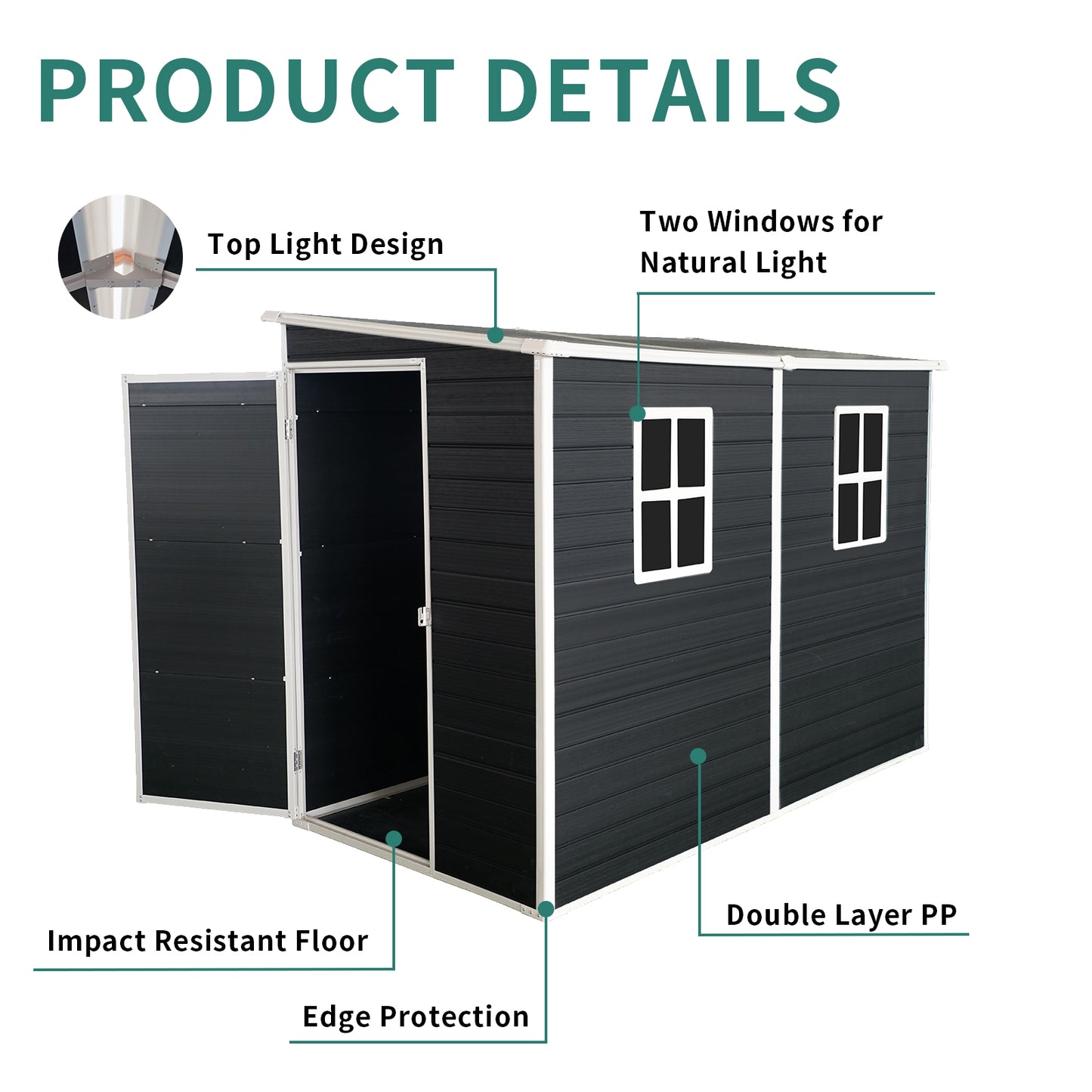 Black garden shed with two windows and double doors
