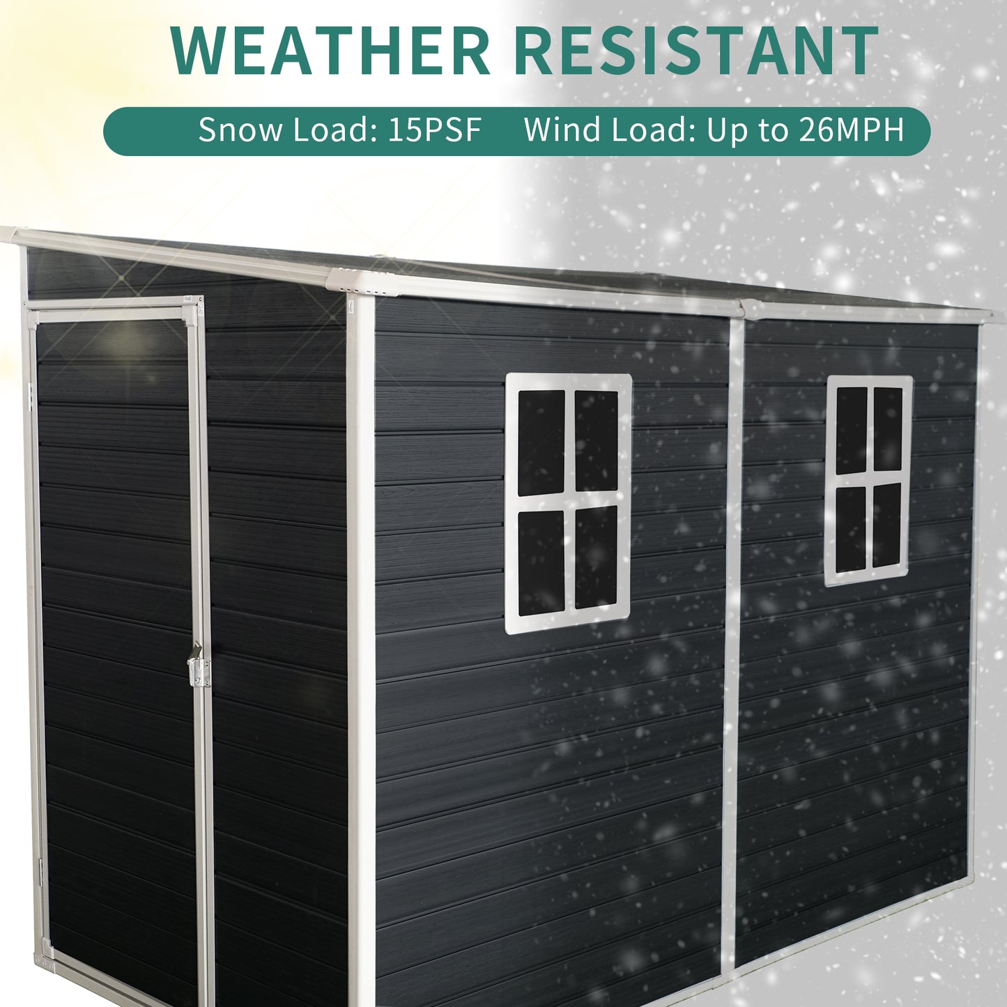 Dark grey metal garden shed with two windows and a single door