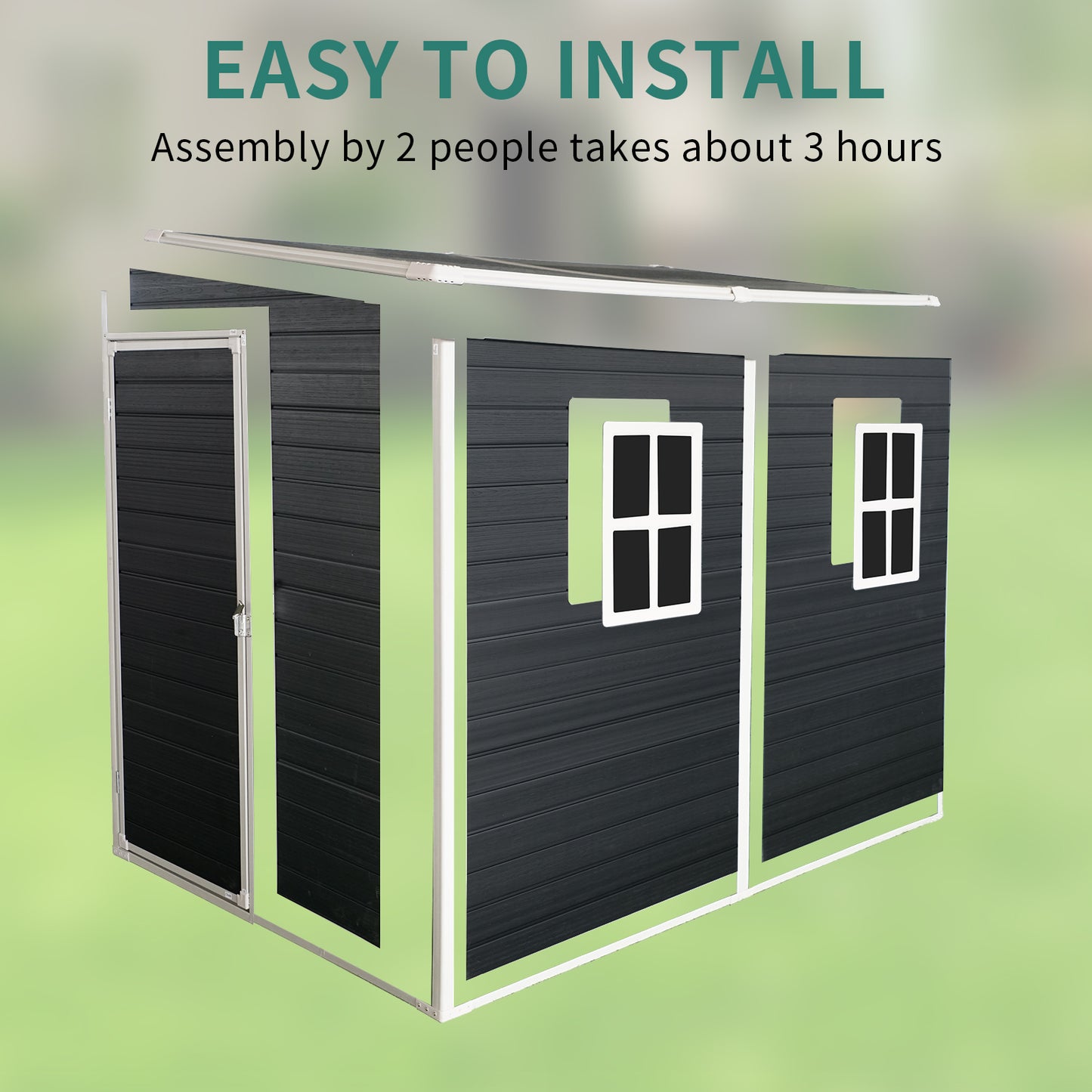 Dark gray metal shed frame with a white door and two windows easy assembly