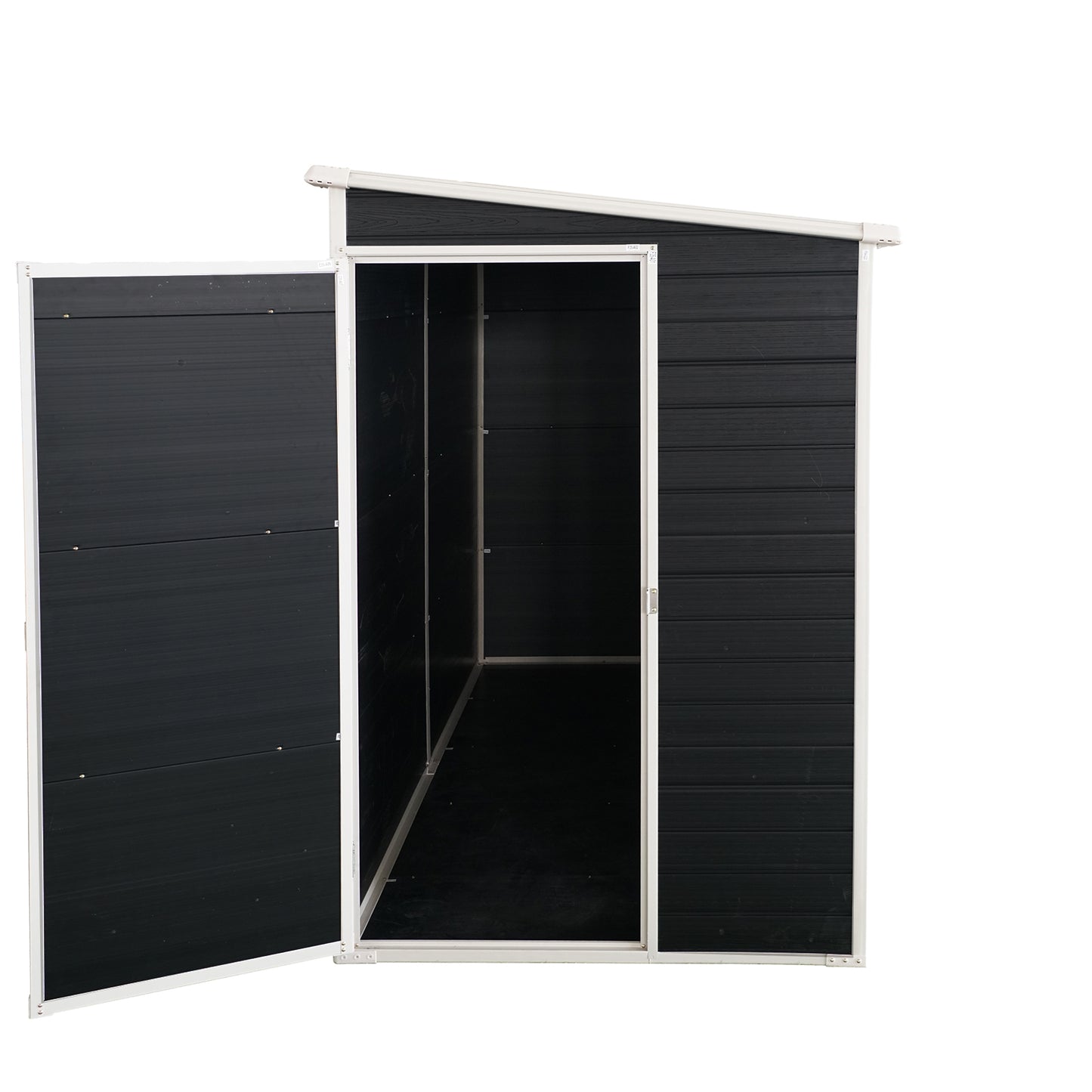Black storage shed with hinged double doors open
