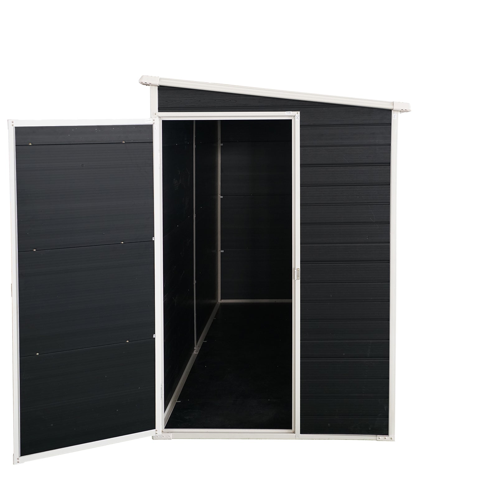 Black storage shed with hinged double doors open