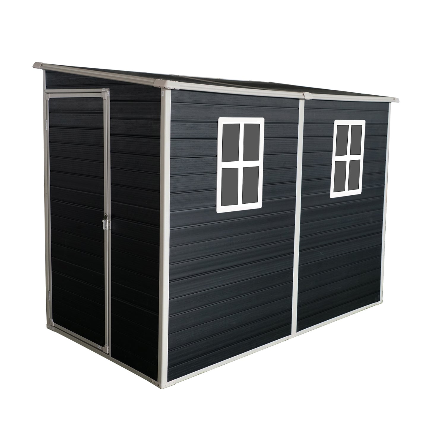Black metal storage shed with dual doors and two windows