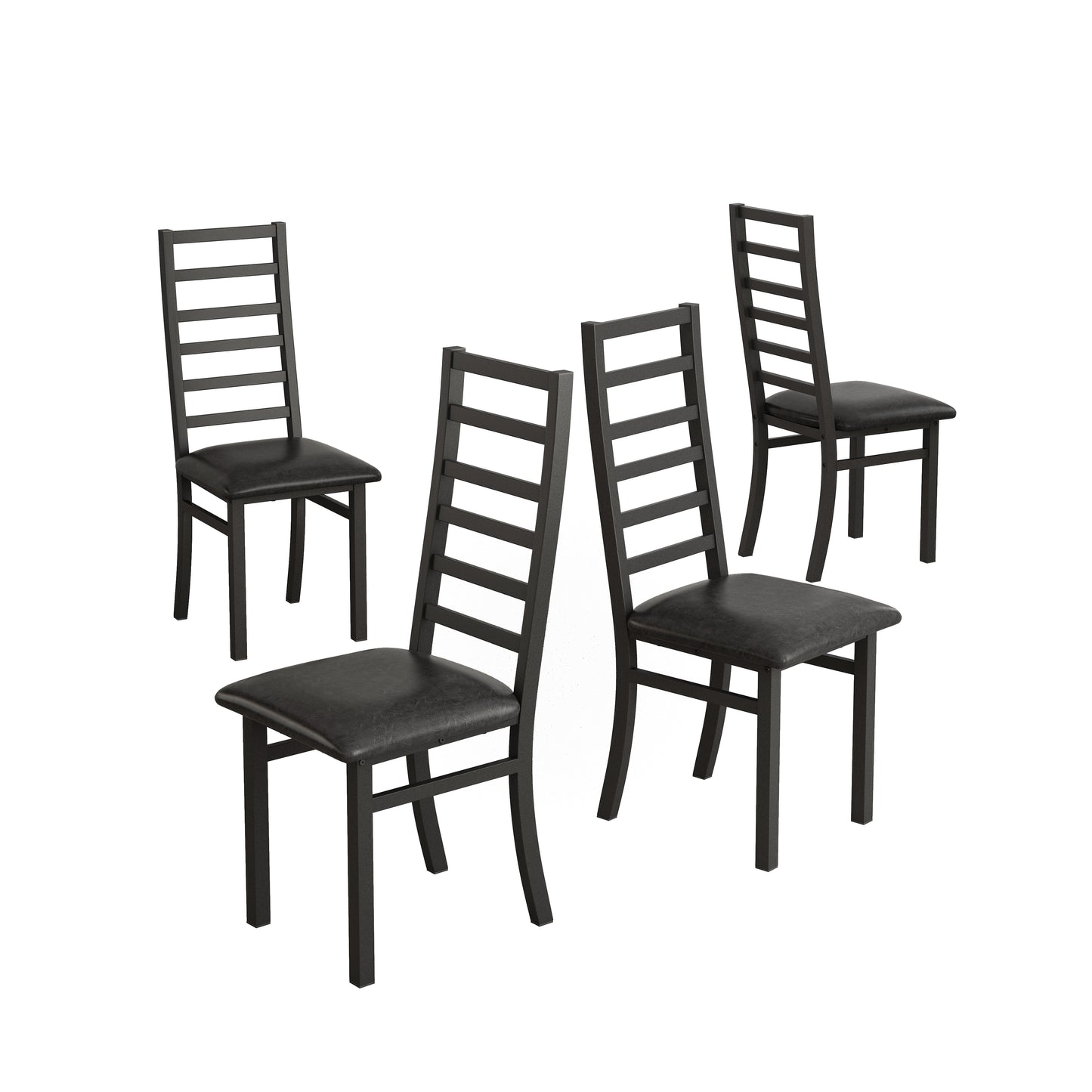 Set of  modern dining chairs with black faux leather seats and slatted backs