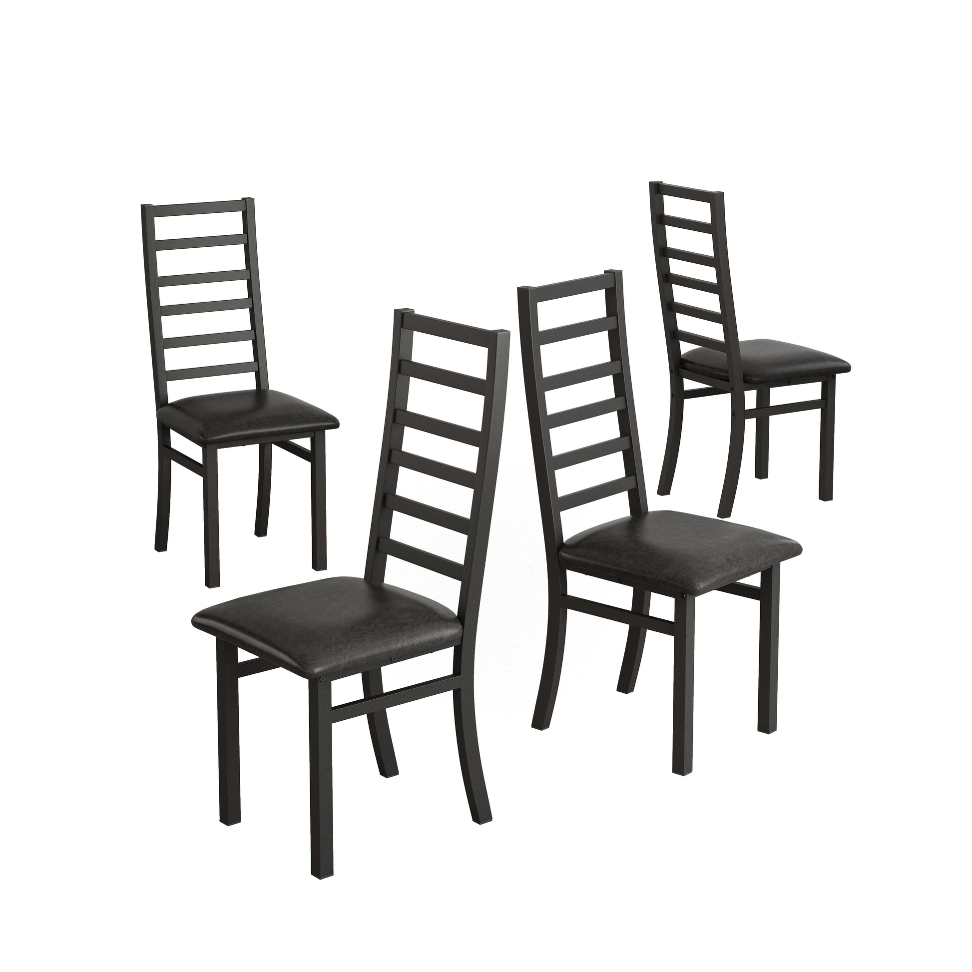 Set of  modern dining chairs with black faux leather seats and slatted backs