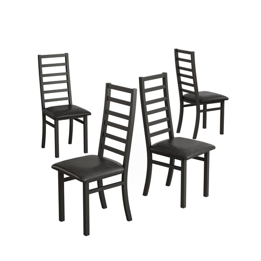 Set of  modern dining chairs with black faux leather seats and slatted backs